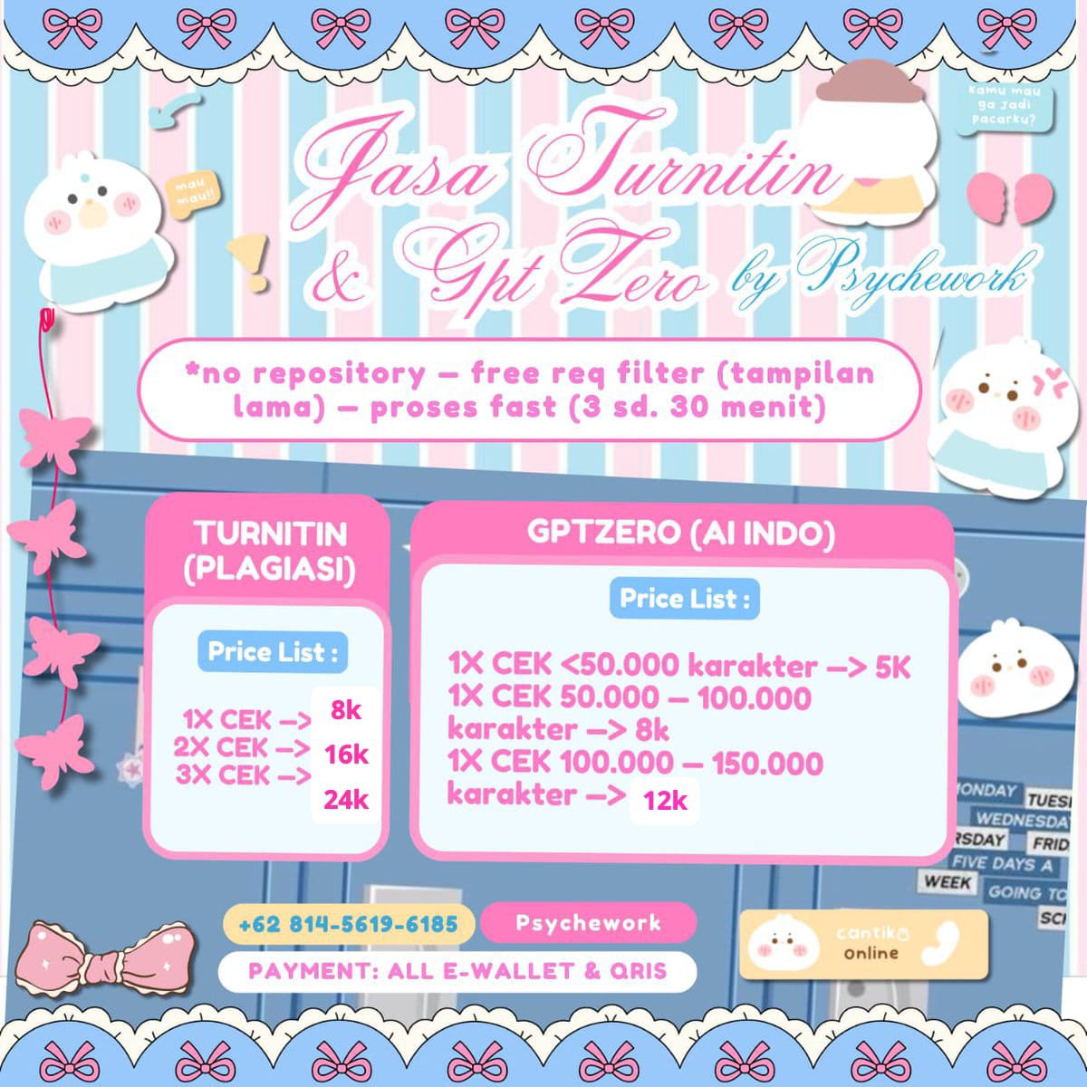 psyche_work's tweet photo. update cek turnitin dan cek ai di aku hari ini masih ada tapi hanya tampilan lama ya
• cek plagiasi turnitin 8k
• cek ai english by turnitin 30k
• cek ai gptzero start 5k
• unlock scribd 2k
no rush order buat turnit plagiasi ya, langsung wa di bio #zonauang https://t.co/D9GH1QJql7