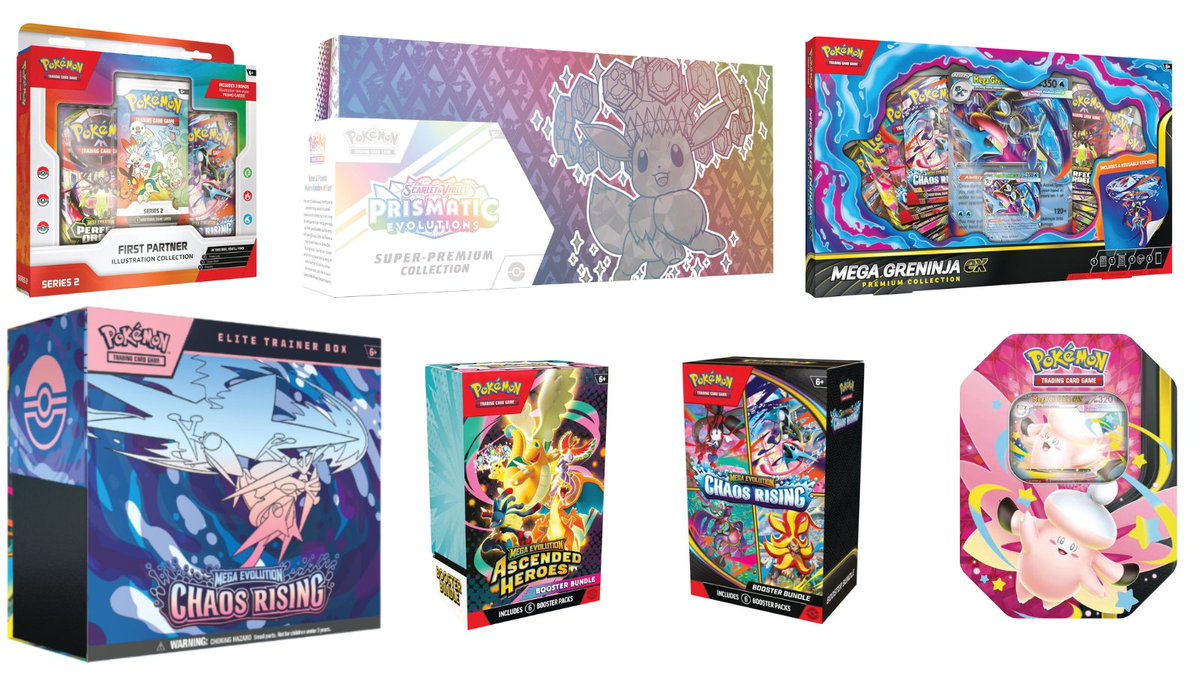 PokemonRestocks's tweet photo. Prismatic Evolutions Super-Premium Collection, Ascended Heroes, Chaos Rising & More Target Drops Possible Soon! All Early Links Below! ✨

Prismatic Evolutions SPC: https://t.co/RCWl8WsXSx
Illustration Collection Series 2: https://t.co/kZ3SxYxXBy
Mega Greninja Collection: https://t.co/lapqMtCdmX
Ascended Heroes Bundle: https://t.co/6ZkGwBwUwG
Mega Moonlit Gengar Tin: https://t.co/UbXkIUrs4y
Chaos Rising ETB: https://t.co/8fPbypNDe9
Chaos Rising Booster Bundle: https://t.co/jqDUflAOdi
Mega Charizard UPC: https://t.co/afdF1dy1pn
Mega Evolution Bundle: https://t.co/6J8e8ZcRH9

Target typically drops between 1AM–3AM ET, with recent restocks on Tuesday/Friday mornings. Timing is unconfirmed, and additional items may also drop at random. If not tonight, timing could shift to the coming days.

Save this post, we’ll alert if they drop! 🔔
#Pokemon #PokemonTCG #ad