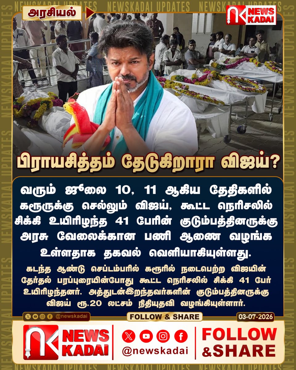 newskadai's tweet photo. பிராயசித்தம் தேடுகிறாரா விஜய்?
வரும் ஜூலை 10, 11 ஆகிய தேதிகளில் கரூருக்கு செல்லும் விஜய், கூட்ட நெரிசலில் சிக்கி உயிரிழந்த 41 பேரின் குடும்பத்தினருக்கு அரசு வேலைக்கான பணி ஆணை வழங்க உள்ளதாக தகவல் வெளியாகியுள்ளது.
#TVKVijay #TVKparty #tvk #CPIM #cpi #VCK #MMK #karurdeath #karur https://t.co/NTY3n3pJfd