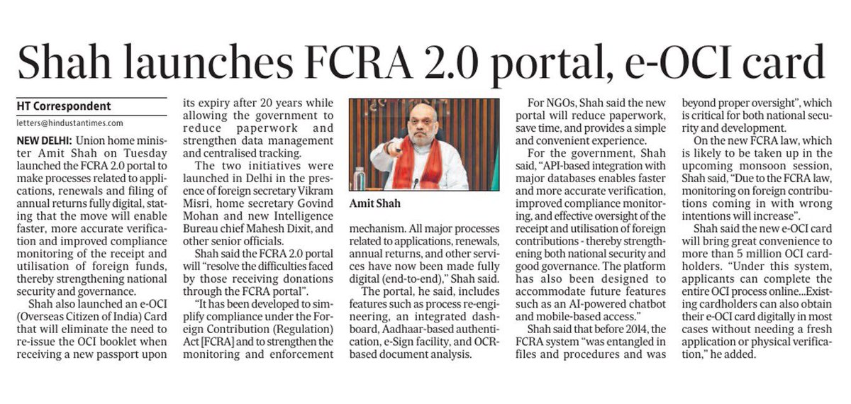 ANSPRASAD_TN's tweet photo. Proud of @AmitShah ji for launching FCRA 2.0 Portal &amp; e-OCI Card!

A landmark step by @PMOIndia @narendramodi Govt for transparency in foreign funds, faster services &amp; #DigitalIndia.

Real reform for good governance! 🙏

#FCRA2 #DigitalIndia #AmitShah #ViksitBharat_G_RAM_G #Modi https://t.co/TkJqhSldMJ