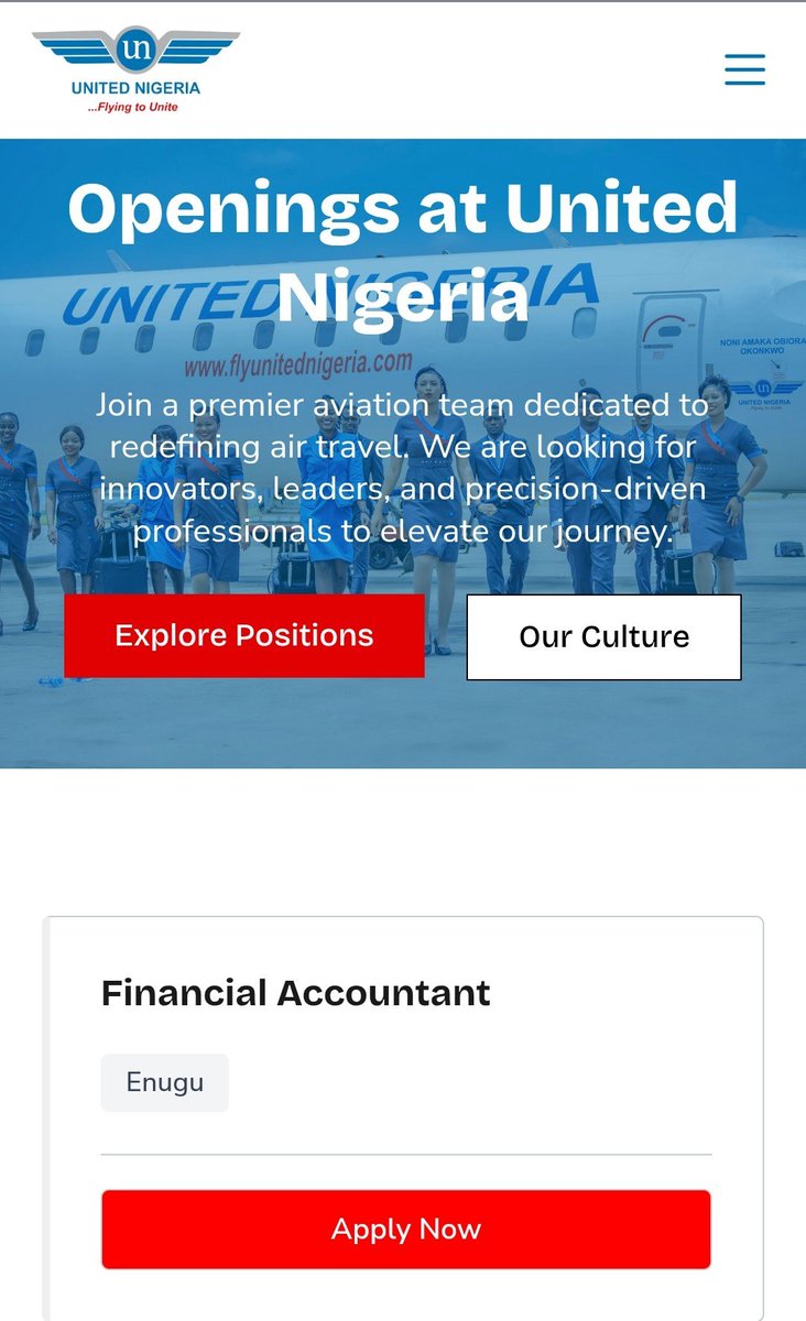 Dasilva_NIG's tweet photo. Now Hiring: Limited Positions Available

It has been brought to my notice that @flyunitedng is **NOW HIRING** talented individuals for multiple positions in Lagos, Abuja &amp; Enugu!✈

Limited spots — Apply TODAY!  
👉 https://t.co/QRBx0QyoN8  

Tag someone who should apply! https://t.co/TM4HuuP33n