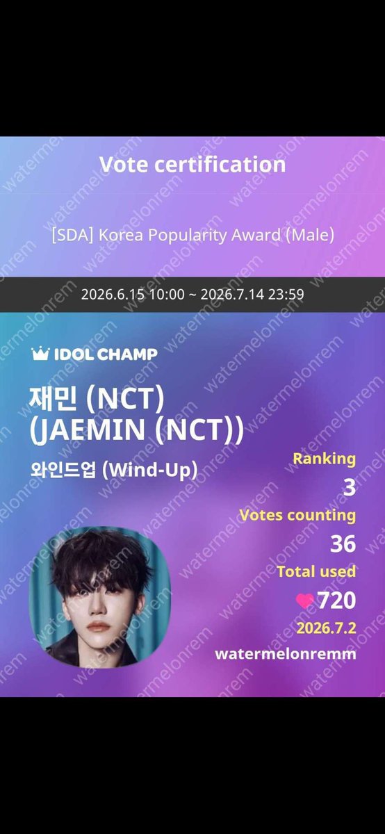 watermelonrem's tweet photo. 02/07 proof 

#VoteforNAJAEMIN #โหวตเพื่อแจมิน 
#JAEMIN #재민 #NCT재민 #VoteJAEMINonIDOLCHAMP https://t.co/gZvkHzpfRh