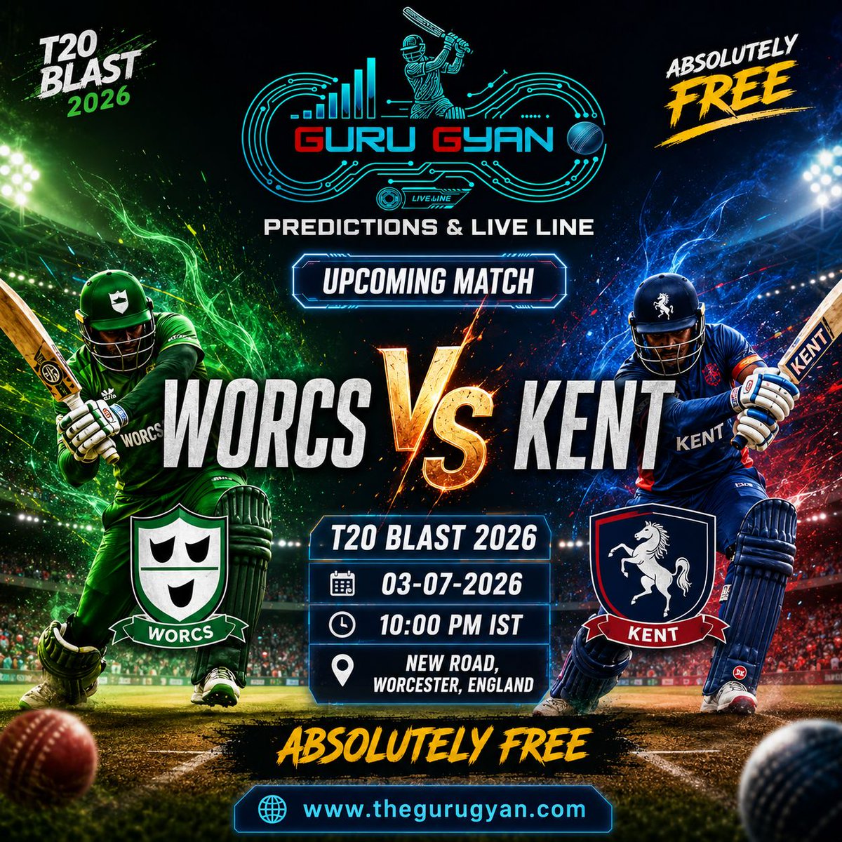 TheGuruGyanAI's tweet photo. Get Ready for #T20Blast2026 Match
#Worcestershire vs #Kent
TODAY at 22:00
Live Score & FREE Predictions:
https://t.co/6FAaTCB8DD
#TheGuruGyan #LiveLine #FreeCricketPredictions #WORCS #KENT
Read full article: https://t.co/6FAaTCB8DD
#TheGuruGyan #CricketNews https://t.co/qlzbWsGOZh