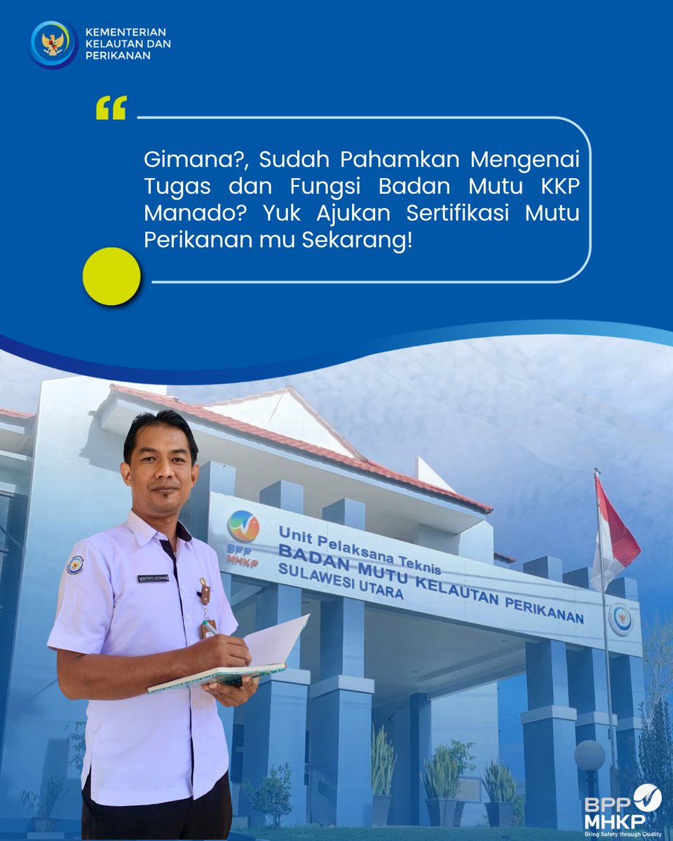 BPPMHKP_Manado's tweet photo. Hai #SahabatBahari 👋

Tahukah kamu? 📌 Badan Mutu KKP Manado memiliki tugas melaksanakan pengendalian dan pengawasan mutu serta keamanan hasil kelautan dan perikanan, guna menjamin produk perikanan yang aman, bermutu, dan berdaya saing. https://t.co/zxA4zogjHj