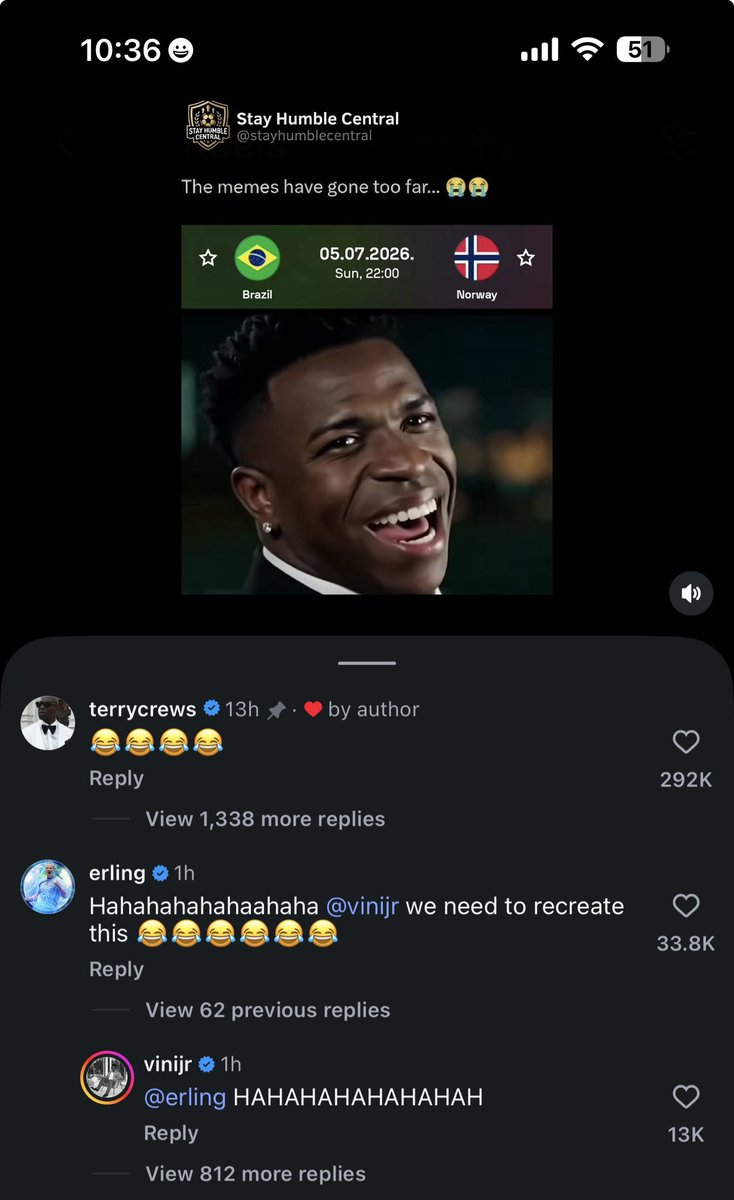 CV7_J5's tweet photo. Tell me why Haaland and Vini jr are on instagram comments laughing while having a KO game on Sunday 😭😭😭 https://t.co/AfTgib3iy8