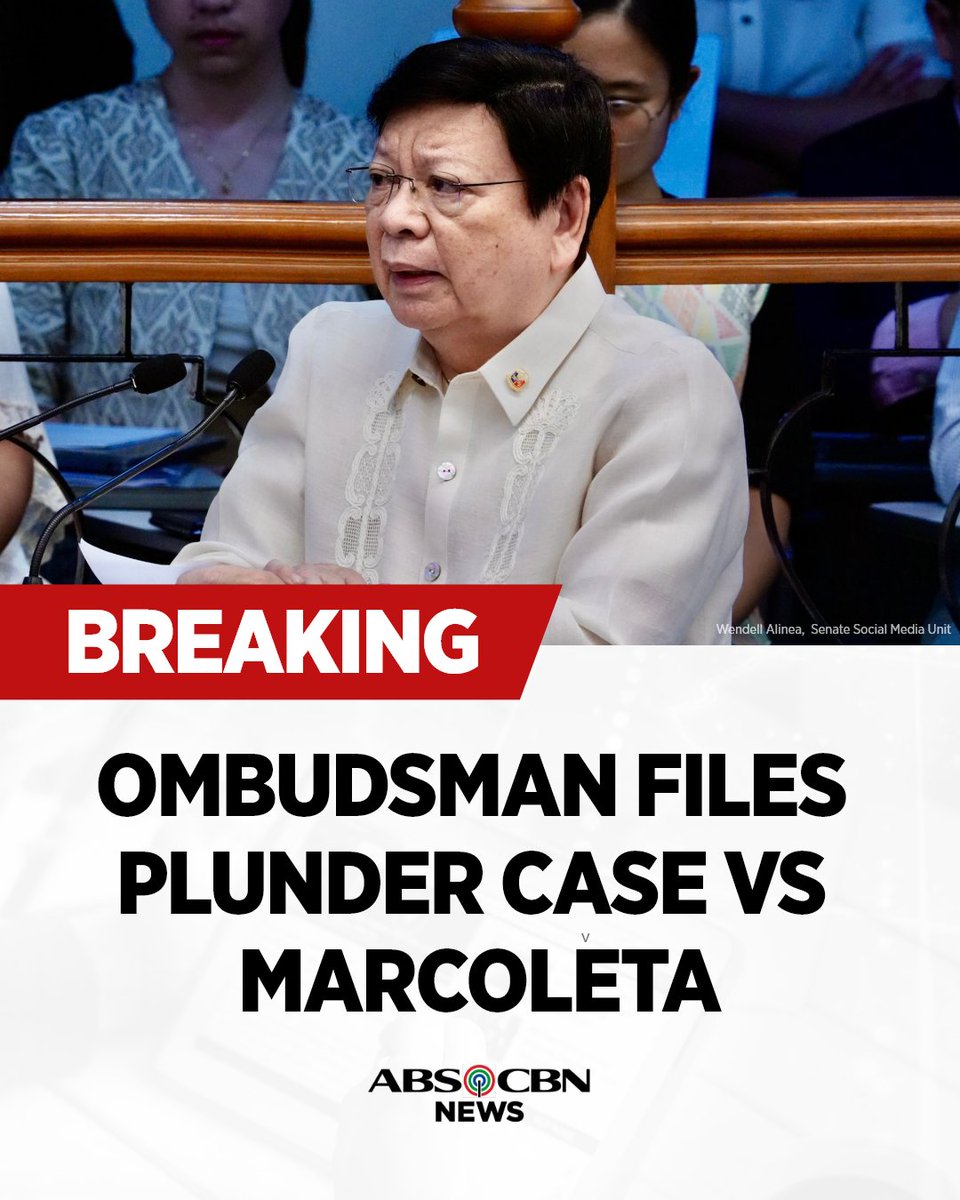 ABSCBNNews's tweet photo. The Office of the Ombudsman on Friday filed plunder charges against Sen. Rodante Marcoleta before the Sandiganbayan over his alleged non-disclosure of campaign contributions.

FULL STORY: https://t.co/x3zXnNlheg https://t.co/lhhbaO8DWy