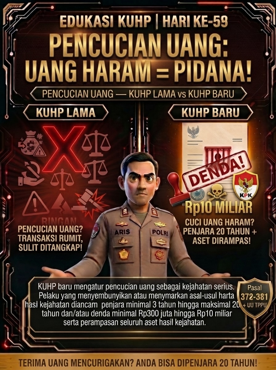 HumasResCiko's tweet photo. 🚨 WASPADA: PENCUCIAN UANG ADALAH KEJAHATAN SERIUS! 🚨

Sobat Polri, tahukah Anda bahwa tindakan menyembunyikan atau menyamarkan asal-usul harta kekayaan yang berasal dari tindak pidana merupakan pelanggaran hukum berat? ⚖️ https://t.co/M1TnX2R1lc