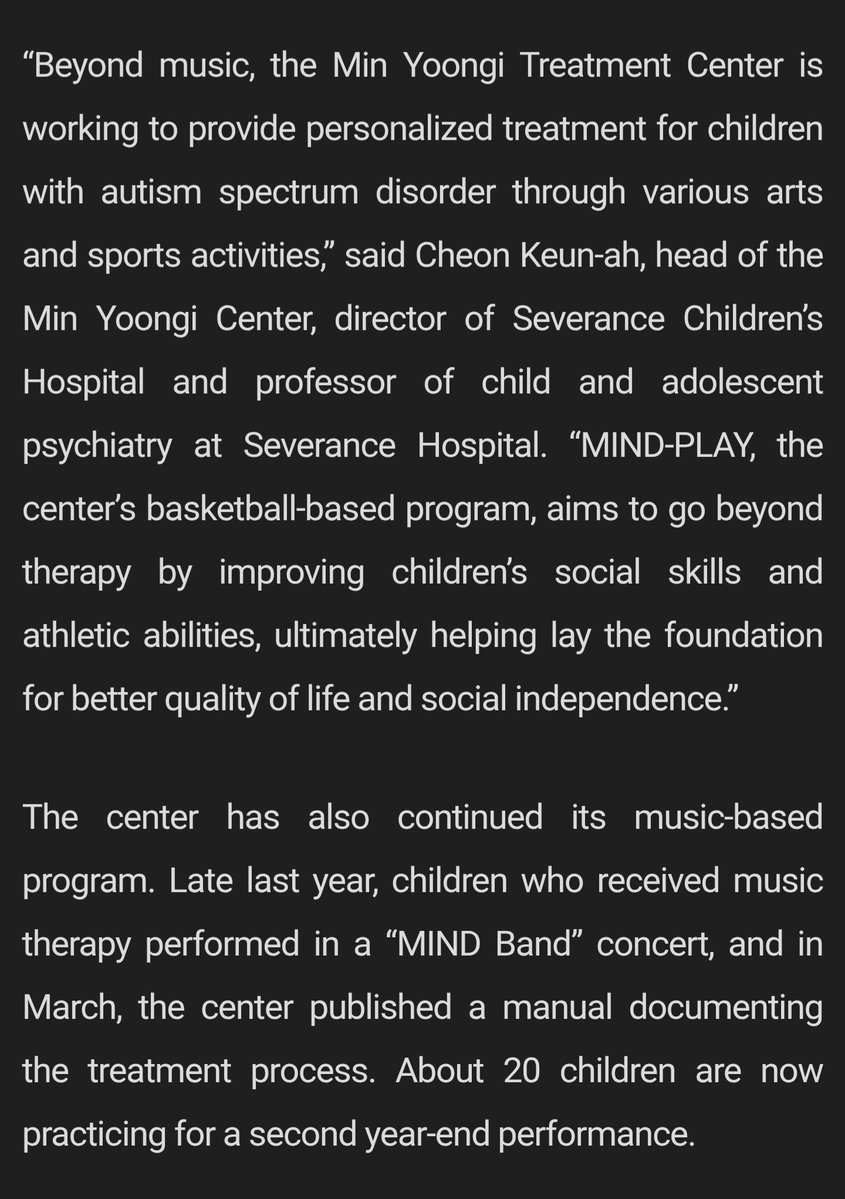 camlovesyoongi's tweet photo. “Beyond music, the Min Yoongi Treatment Center is working to provide personalized treatment for children with autism spectrum disorder through various arts and sports activities,” said Professor Cheon, “MIND-PLAY, the center’s basketball-based program, aims to go beyond therapy by improving children’s social skills and athletic abilities, ultimately helping lay the foundation for better quality of life and social independence.”

we also got confirmation that another performance of the MIND Band is scheduled with the children who have been learning at the Min Yoongi Center!!!

🔗: https://t.co/fpfghM36sY