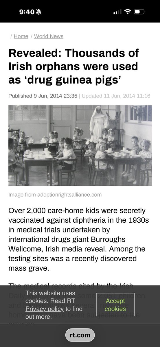 jathorpmfm's tweet photo. https://t.co/kcrh1TQkMW

“Over 2,000 care-home kids were secretly vaccinated against diphtheria in the 1930s in medical trials undertaken by international drugs giant Burroughs Wellcome, Irish media reveal. Among the testing sites was a recently discovered mass grave.
The medical records cited by the Irish Daily Mail show that some 2,051 children and babies across several Irish care homes may have been subjected to the practice.  Michael Dwyer, of Cork University’s School of History, found the data after foraging through tens of thousands of archive files and old medical journals. What he did not find is whether any consent was gained for these alleged illegal drug trials or any records of the effects on the infants involved.  Dwyer discovered that the tests were carried out shortly before the drugs were made readily available in the UK. The homes involved included Bessborough, County Cork, and Sean Ross Abbey in Roscrea, County Tipperary.  “What I have found is just the tip of a very large and submerged iceberg,” Dwyer told the paper. “The fact that reports of these trials were published in the most prestigious medical journals suggests that this type of human experimentation was largely accepted by medical practitioners and facilitated by authorities in charge of children’s residential institutions.”  The Newstalk Breakfast on Monday show also found out that nearly 300 children living in care homes in the 1960s and 70s were used as guinea pigs in medical trials. Ireland had no laws pertaining to medical testing until 1987.”