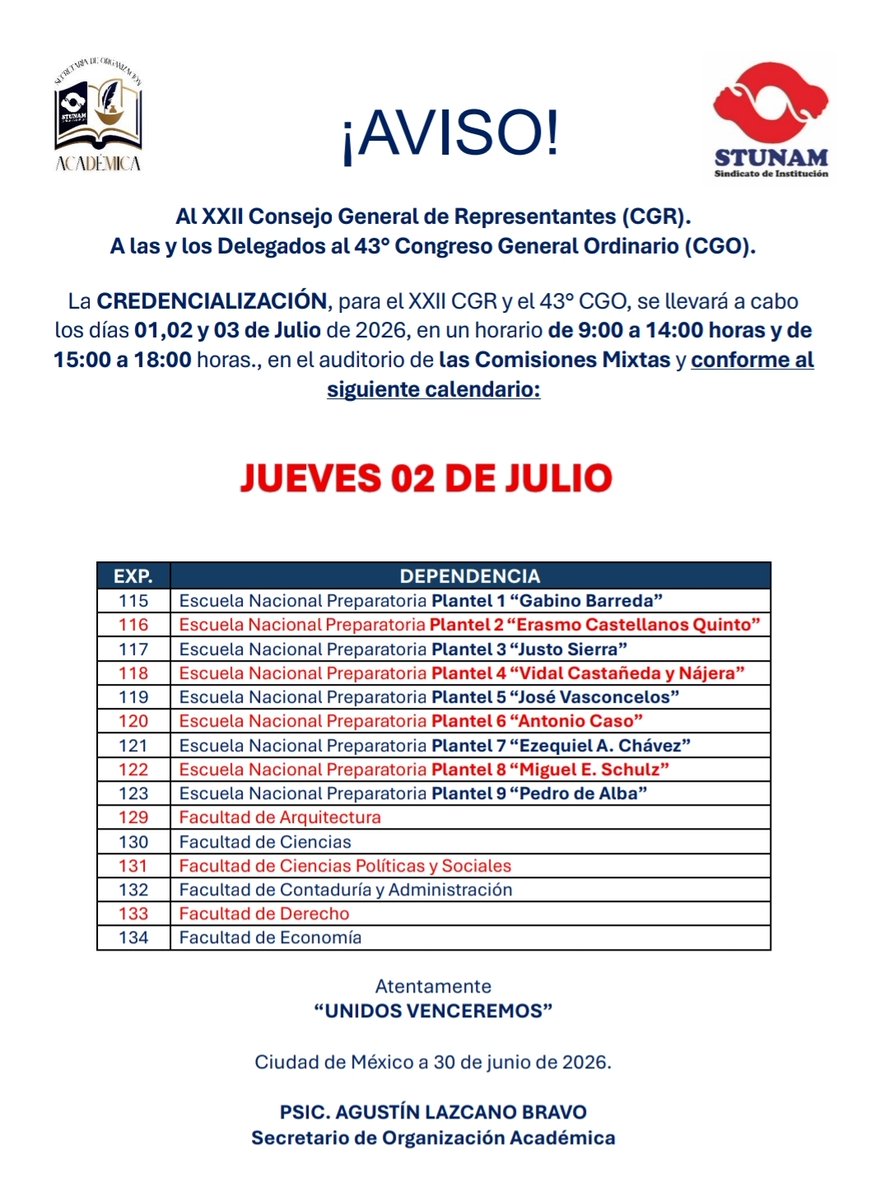 stunam's tweet photo. Proceso de credencialización del Sector Académico para el 43 Congreso General Ordinario del STUNAM 🌐 https://t.co/yWQV7OtMqg https://t.co/JxqPOnKQY2