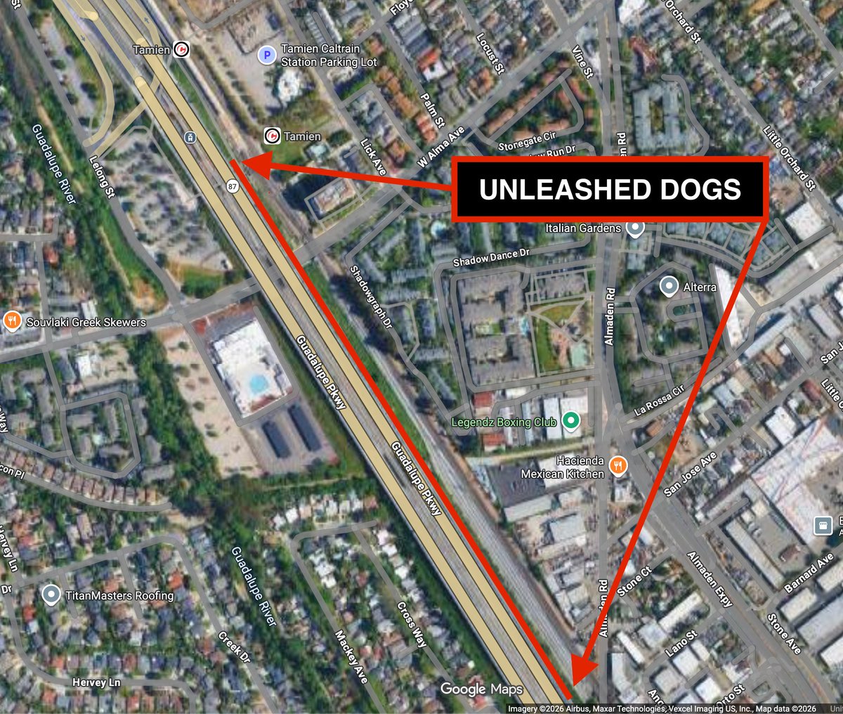yangtheman's tweet photo. As of Jul 2, I've repeatedly been chased &amp; nearly bitten by unleashed dogs while bike-commuting the Hwy 87 path to @CityofSanJose Diridon Station. A hazard for cyclists &amp; pedestrians. Please help w/ leash enforcement &amp; outreach. @MattMahanSJ @sanjoseanimals @bikesv #SanJose https://t.co/nbhVcpjqyP