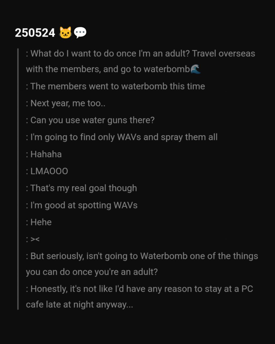 s2_rine's tweet photo. I know many would disagree on this. But it is what it is.

Following the recent talks, Ive dugged old fromm messages of Hyerin mentioning about waterbomb several times years ago (Read pics below first). She's clearly been eagerly waiting to attend it. Im upset if she sees all the angry comments and felt wrong that people dont want her to go at all even when she deemed too young for a too old age.

Im honestly tired people jumping on the Hyerin wagon only to seek attention. This year has been the most Hyerin getting recognized over the past 3 years and the statistics dont lie. Akkaengdans have endured long enough of Hyerin being constantly overshadowed when we trying to get her more attention. I think akkaengdans can agree that this is one of the chance we get to see her talent and potential more out of main schedule. 

I know the event is heavily criticized. Just put the blame on the organizer and MH. But dont disregard Hyerin attending  a schedule just because she's not too old. I dont see much complaints compared to now about what happened from last year's lineup. Its just pure hypocrisy at this point. Anyone under 30 is still young if you want to make things broader and clear.

*𝘐𝘧 𝘵𝘩𝘪𝘴 𝘴𝘦𝘦𝘮𝘴 𝘶𝘯𝘤𝘰𝘮𝘧𝘰𝘳𝘵𝘢𝘣𝘭𝘦 𝘢𝘯𝘥 𝘺𝘰𝘶 𝘧𝘦𝘦𝘭 𝘸𝘦𝘪𝘳𝘥 𝘢𝘣𝘰𝘶𝘵 𝘪𝘵, 𝘧𝘦𝘦𝘭 𝘧𝘳𝘦𝘦 𝘵𝘰 𝘶𝘯𝘧𝘰𝘭𝘭𝘰𝘸 𝘢𝘯𝘥 𝘣𝘭𝘰𝘤𝘬. 𝘛𝘩𝘦 𝘸𝘰𝘳𝘭𝘥 𝘥𝘰𝘦𝘴𝘯𝘵 𝘳𝘦𝘷𝘰𝘭𝘷𝘦𝘴 𝘢𝘳𝘰𝘶𝘯𝘥 𝘺𝘰𝘶.