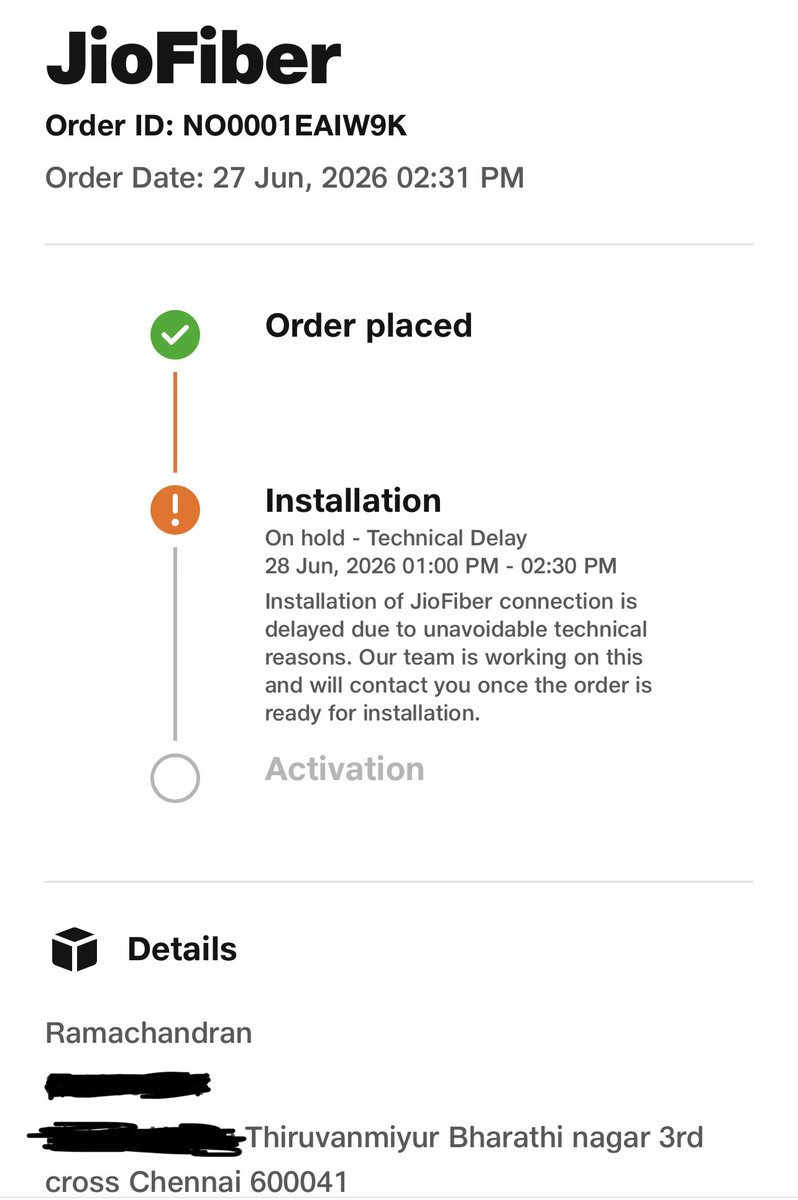 Ramschandran's tweet photo. @JioCare It has been almost 1 week no one came for installation or not even they called and informed there will be a delay.. The technician assured Monday it will be installed but after that there is no communication. I need a refund I don’t want a connection anymore. https://t.co/OwLHxjQ00Y