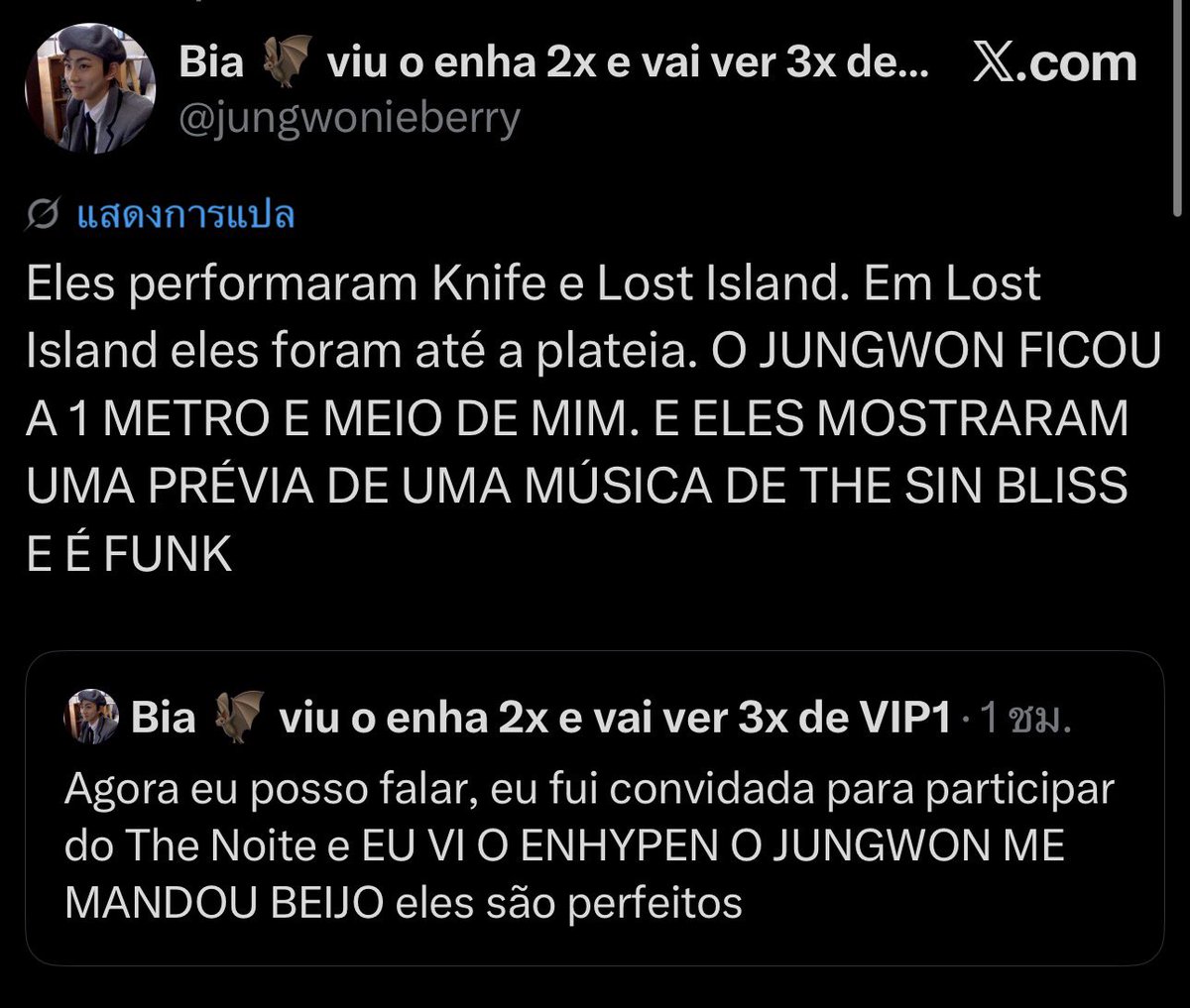 jongneko's tweet photo. enhypen ไปออกรายการที่บราซิลชื่อ the noite แสดงเพลง Knife และ Lost Island ในเพลง Lost Island เอนไฮเพนเดินลงมาหาแฟน ๆ ที่หน้าเวทีด้วว เอนไฮเพนยังเปิดตัวอย่างเพลงจาก The Sin Bliss ให้ฟังด้วย และมันเป็นแนว ฟังก์ (Funk) รายการน่าจะออนอาทิตย์หน้า https://t.co/rvipcHoLKU