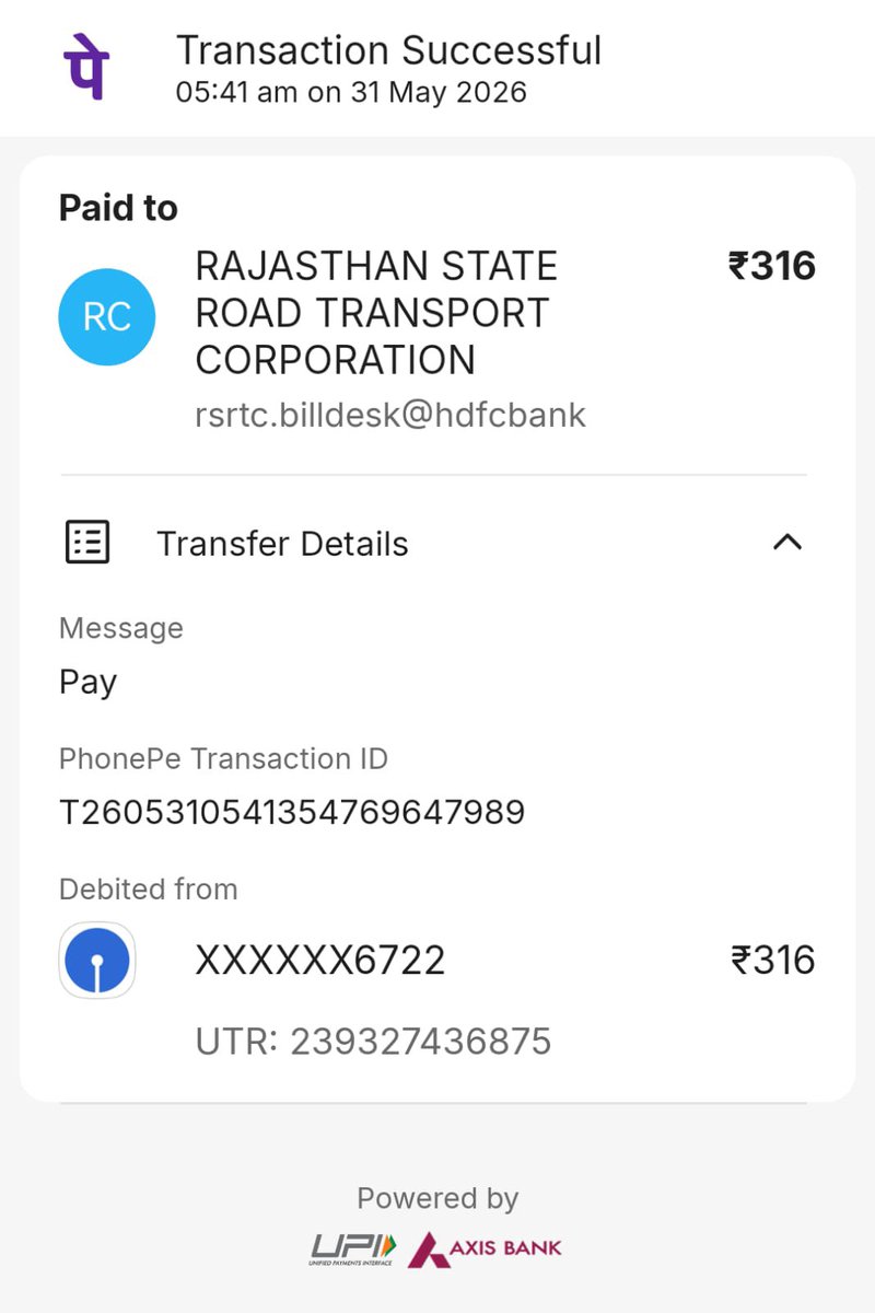 ABsharma8233's tweet photo. ₹316 deducted for RSRTC ticket booking, but ticket not generated and no refund received yet. Transaction successful on PhonePe. Kindly resolve this issue ASAP. @PhonePe @RsrtcOfficial https://t.co/1a5uxM77iF