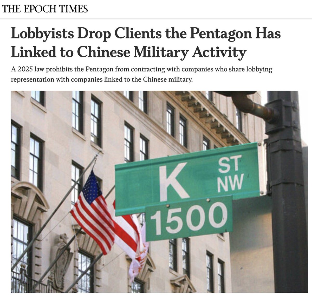 spotlightoncn's tweet photo. Multiple U.S. lobbying firms have abruptly severed ties with Chinese companies linked to Beijing’s military to protect their lucrative relationships with American defense contractors.

This exodus stems from a provision in the 2025 National Defense Authorization Act, which took effect on June 30, prohibiting the Pentagon from contracting with any firm whose lobbyists also represent Chinese military-linked entities.

U.S.-based firms recently filed disclosure notices terminating their relationships with at least eight designated Chinese companies, with a flurry of filings landing just before the deadline.

The last-minute scramble was partially triggered by the Defense Department’s June 8 expansion of its "1260H List," a running tally of military-linked companies that now includes 188 entities.

The latest update marked the first-time inclusion of major Chinese corporations like e-commerce giant Alibaba, automaker BYD, biotech firm WuXi AppTec, and telecom manufacturer Zhongji Innolight.

The Pentagon justified these additions by citing the companies' direct ties to China’s State-owned Assets Supervision and Administration Commission and its Ministry of Industry and Information Technology.

Several newly listed companies, including Alibaba and WuXi AppTec, have since filed federal lawsuits challenging their military-linked designations, while BYD has publicly threatened similar litigation.

In response to the expanding blacklist, major lobbying players like MO Strategies, BGR Government Affairs, Brownstein Hyatt Farber Schreck, and Greenberg Traurig filed paperwork terminating their representation of Alibaba.

BYD's registered lobbyist and North America communications director, Frank Girardot, also formally terminated his lobbying relationship with the automaker on the day the new rules took effect.

The lobbying freeze additionally impacted previously listed companies, with MO Strategies, Brownstein Hyatt Farber Schreck, and Hogan Lovells severing their ties with the Chinese tech conglomerate Tencent.

Other notable casualties include drone manufacturer DJI, communications firm Quectel Wireless Solutions, and Cirrus Design Corporation, all of which lost their Washington representation over the past month.

None of the involved lobbying firms or independent representatives responded to requests for comment regarding their terminated client relationships.
https://t.co/jH6nPGOVVX