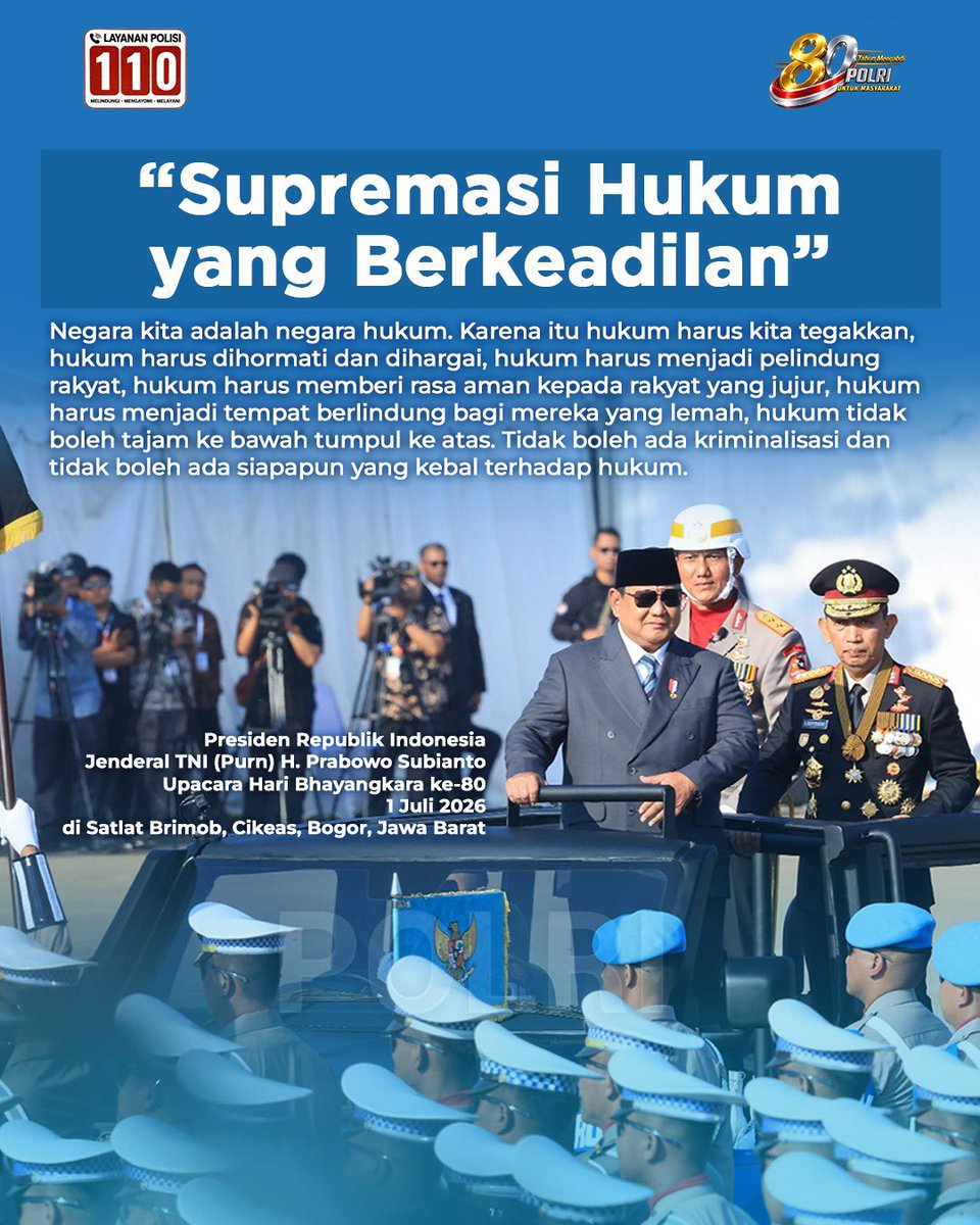 DivHumas_Polri's tweet photo. Pesan Presiden Republik Indonesia, Jenderal TNI (Purn) H. Prabowo Subianto. Menegakkan hukum berarti menjaga kepercayaan masyarakat. Supremasi hukum yang berkeadilan menjadi komitmen bersama untuk menghadirkan perlindungan, kepastian, dan rasa aman bagi seluruh rakyat Indonesia. https://t.co/nrtYvKGEhu