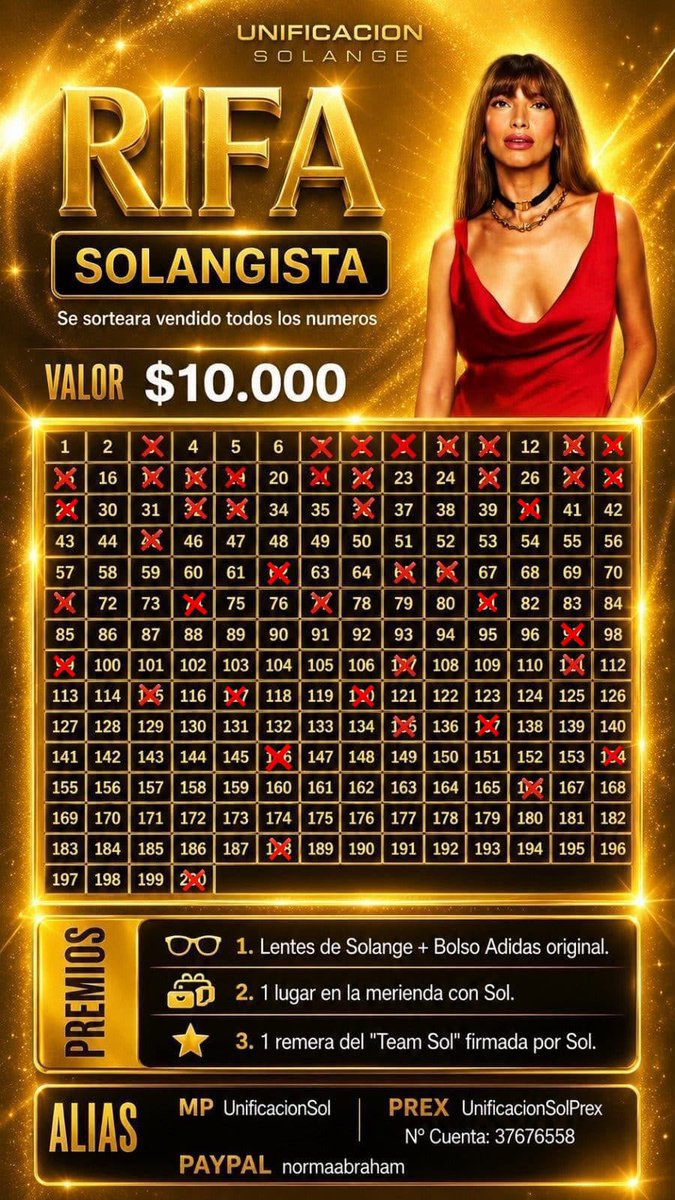 UnificacionSol_'s tweet photo. 🚨SUPER RIFA SOLANGISTA 2🚨
Seguimos con números disponibles, podes ganarte estos increíbles premios por el valor de $10.000 💵
Podes comprarlo mandando un mensaje directo con el comprobante y el número elegido. 
Alias:
MP: UnificacionSol
PREX: UnificacionSolPrex
Paypal: normaabraham 
#GranHermano