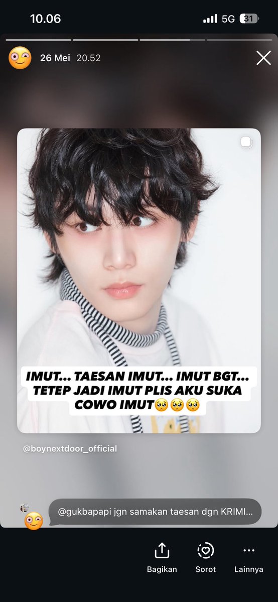awikwoklicious's tweet photo. pov masuk 2nd account VERSI BONEK😍😍😍 #bnd #hantaesan #iloveyou #kov2 https://t.co/InrmM6JRq1