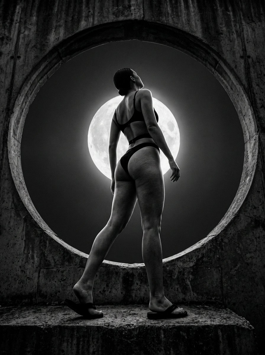 bennsonphilip's tweet photo. when the body starts speaking the language of the architecture.

The full moon becomes more than a backdrop, it becomes a halo, a portal, and a celestial focal point that defines the composition. Stripped of color, the monochrome palette reduces the image to its essentials: light, shadow, geometry, and form.

Extreme low-angle perspectives dissolve the boundary between the human figure and the built environment. The body echoes the architecture, the pose follows its geometry, and every element contributes to the same visual language, allowing fashion and space to exist as one unified composition.

Rather than documenting reality, these images reimagine it, showing how perspective, symbolism, and creative direction can transform familiar places into something timeless and mythic.
