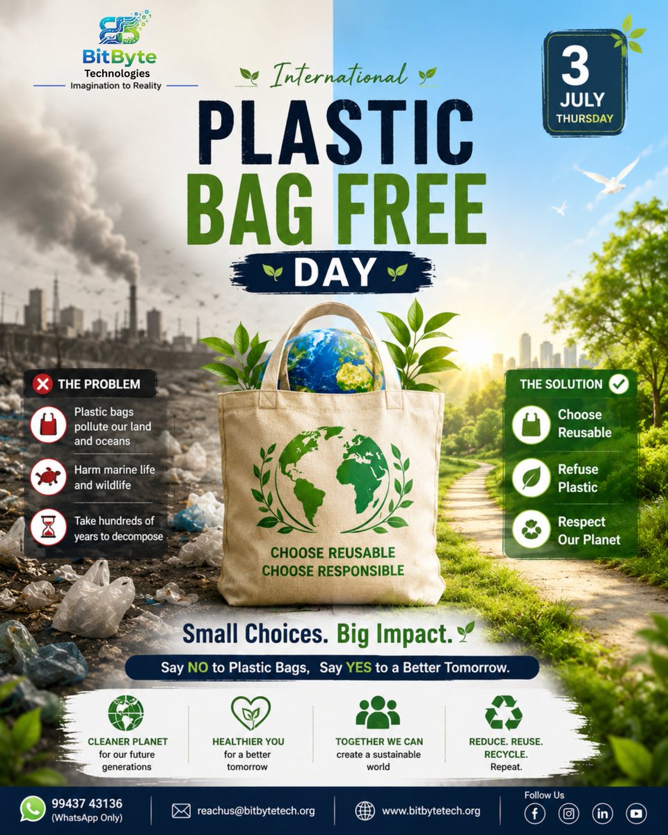 BitbyteReachus's tweet photo. ♻️ Carry a Bag. Carry Responsibility.

Every reusable bag is a step toward a cleaner planet. Say NO to plastic bags and YES to a sustainable future. 🌱♻️
#PlasticBagFreeDay #BeatPlasticPollution #GoGreen #EcoFriendly #SaveEarth #BitByteTechnologies #ImaginationToReality https://t.co/dnEBbfOci9