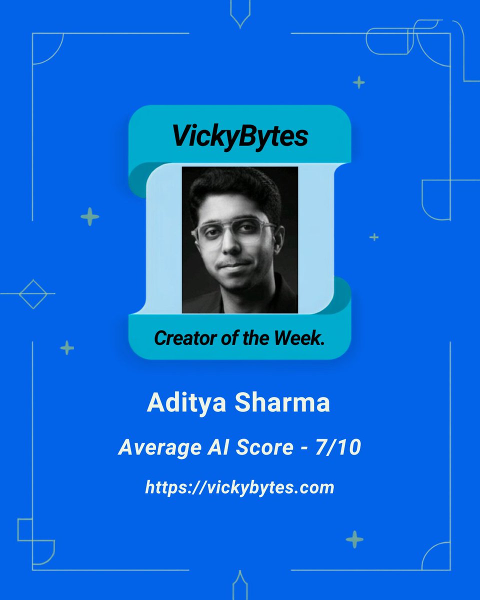 vickybytes's tweet photo. 🌟 Creator of the Week VickyBytes 🌟

Big shoutout to Aditya Sharma — our VickyBytes Creator of the Week! 👏

Aditya has been showing up consistently, and it shows in the numbers: an average AI score of 7/10 across his content. It's hard to get your content accepted onto the VickyBytes Platform. 

That's not luck — that's the result of steady effort, iteration, and a genuine commitment to creating value for the developer community.

What we love about Aditya's journey: 

✅ Consistency over perfection
✅ Learning in public 
✅ Raising the bar with every post

This is exactly the spirit behind the hashtag#100DaysOfContent Challenge — build the habit, trust the process, and let the scores follow. 📈

Developers join #100DaysOfContent here 👇
https://t.co/8ai01r0YoJ

Congratulations, Aditya! Keep creating, keep growing. The community is watching and cheering you on. 🚀

P.S: Aditya also monetised content while participating in 100DaysofContent.

#VickyBytes #CreatorOfTheWeek #100DaysOfContent #ContentCreation #DevCommunity #BuildInPublic