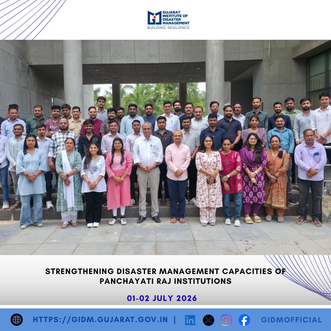 GIDMOfficial's tweet photo. From 01-02 July 2026, @GIDMOfficial  trained newly recruited Talati-cum-Mantri trainees from across Gujarat on emergency response, risk-informed Gram Panchayat planning, First Aid, CPR, fire safety, and Community-Based Disaster Risk Reduction.
.
.
#PanchayatiRaj #CBDRR #DRM https://t.co/6fBVVLYHhS