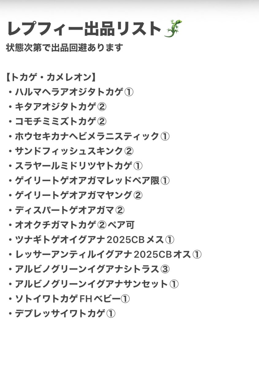 FReptiles's tweet photo. 本日は明日から開催される
『レプタイルズフィーバー2026』の前日搬入日です！
当店は骨折リハビリ中の私に代わり、今回もオーナーがワンオペ参加です。
（申し訳ない…）

出品リストができました✨
気になる生体がいましたらお取り置きお問い合わせください（イベント特価🔥）

#レプタイルズフィーバー
#レプフィー