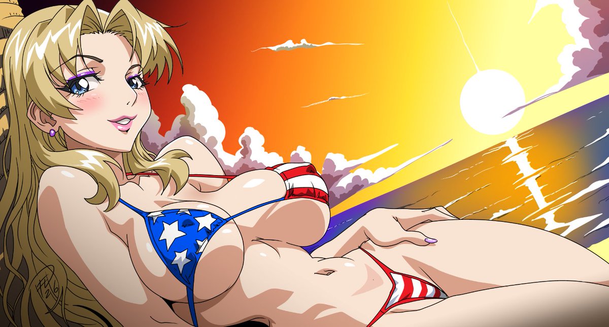 Armaron1's tweet photo. 'Murica. with an Anime Blonde flavour. Shaia from a certain anime. nuff said. Drew this just now on the DNQ drawing competition youtube show I do weekly. You can vote for it now on the show. link will be in the replies. ;) #4thofjuly #angelblade #AnimeArtwork #dnqfe https://t.co/0r7dn99Ipt