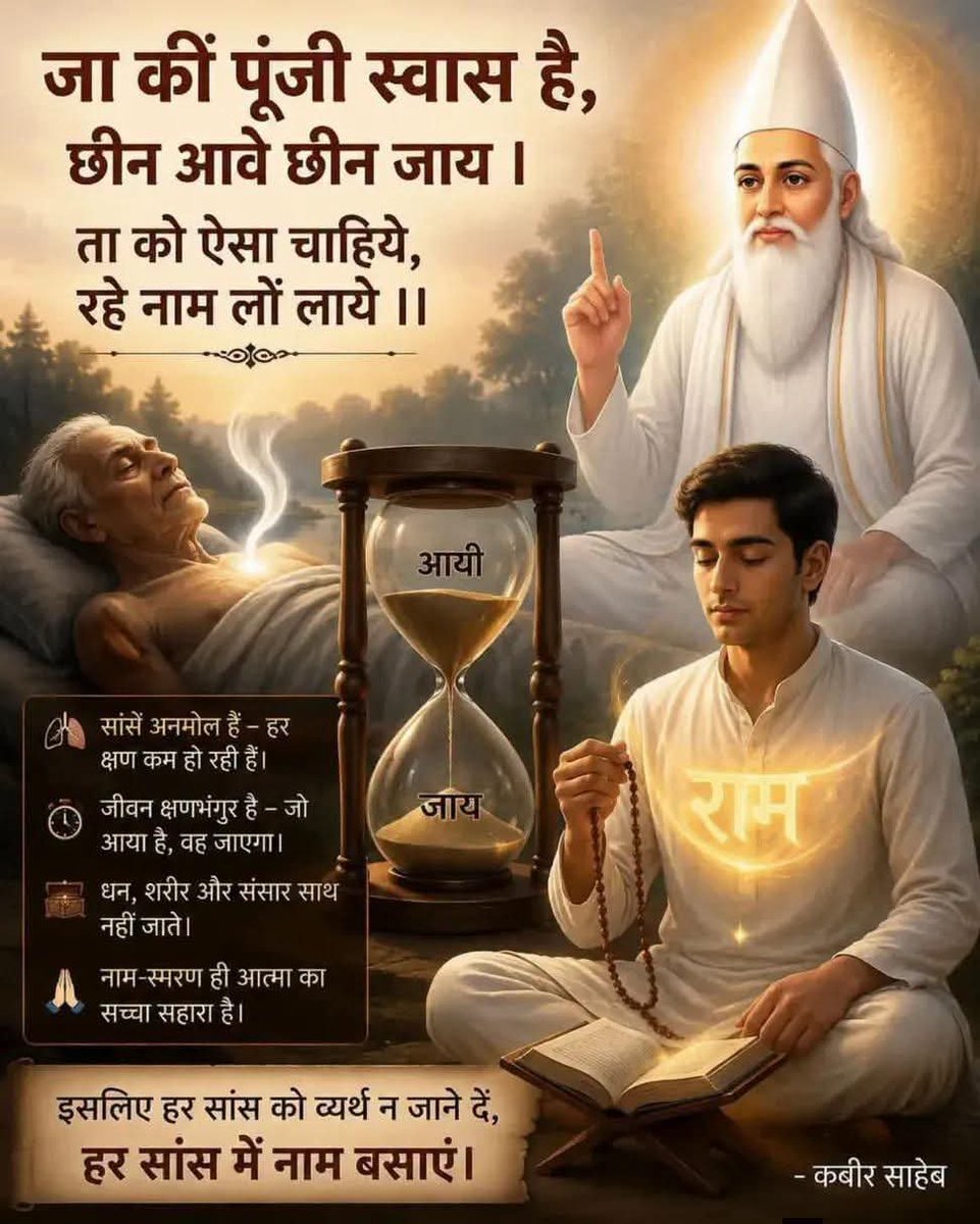 GoutamKuma16653's tweet photo. #GodNightThursday
जा कीं पूंजी स्वास है, छीन आवे छीन जाय ।
ता को ऐसा चाहिये, रहे नाम लों लाये ।।
इसलिए हर सांस को व्यर्थ नहीं जाने दे 
हर सांस में नाम बसाएं 
#सत_भक्ति_संदेश
Gs https://t.co/hhRLBSjsxH