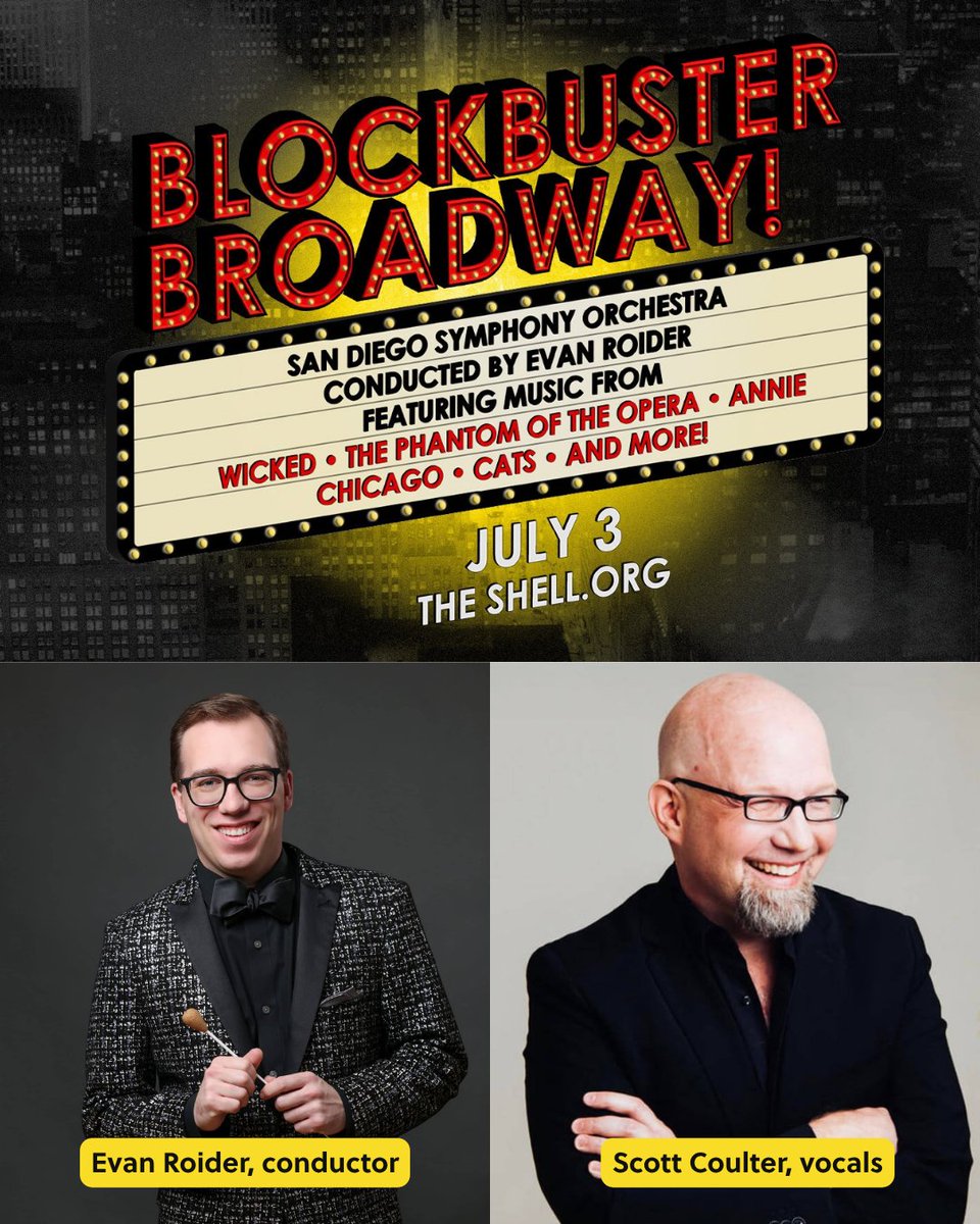 theshellsd's tweet photo. Broadway's biggest hits, with San Diego's best view. 🎭✨

Experience an evening of iconic show tunes #AtTheShell with the @SanDiegoSymph

📅 July 3 • 7:30 PM
📍 The Rady Shell at Jacobs Park
🎟️ Tickets available at https://t.co/34qkVmk0Ai https://t.co/vsgpWGqbZl