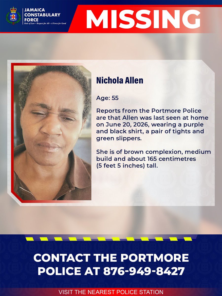 JamaicaConstab's tweet photo. Help us locate missing Nichola Allen. If you know her whereabouts, please call the Portmore Police or the nearest police station. 

#Missing https://t.co/2blZeI06TD