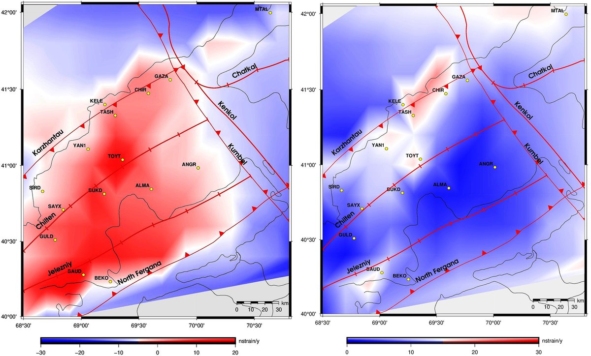 CASTScholar's tweet photo. Analysis of 2018–2023 GNSS data reveals northeast movement, uneven dilation, concentrated strain along the Karzhantau fault, and high seismic-risk strain zones in the Tashkent region. https://t.co/qnL9Ai5vK5 https://t.co/qX26DQEr6f