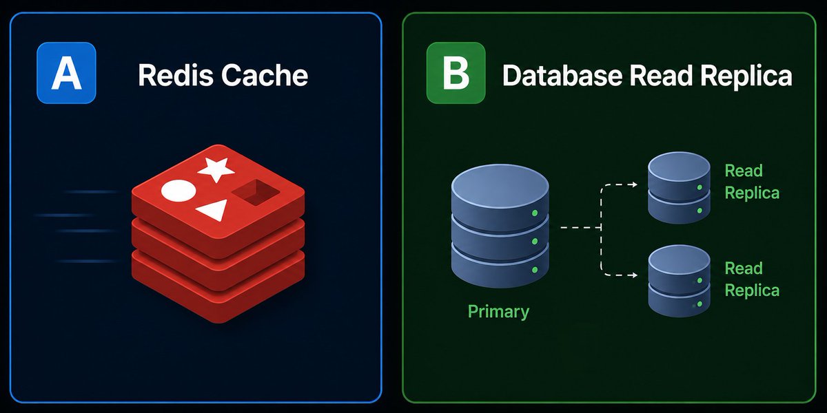 devXritesh's tweet photo. Backend Interview Question:

Your API is slowing down.

What's your first move?

A) Redis Cache

B) Database Read Replica

Which one would you choose first?

And why? https://t.co/WO33o741Vc