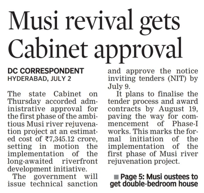 MusiRevival's tweet photo. Musi River revival takes a major step forward as Telangana Cabinet approves Phase-I of the rejuvenation project. 🌊🏗️ #Hyderabad #MusiRevival https://t.co/LdhEmQyblW