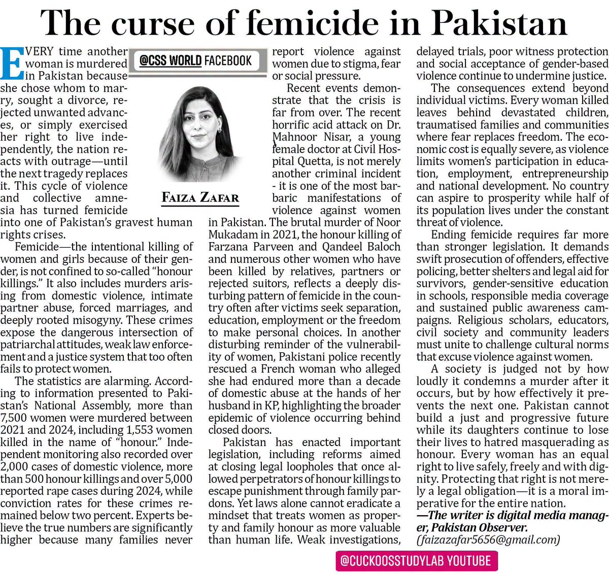 ShafqatKhan_SK's tweet photo. Area: The Curse of Femicide in Pakistan
#genderstudies #genderequality #genderdiscrimination #femicide #Pakistan #cssworld https://t.co/RhCkL3juyA