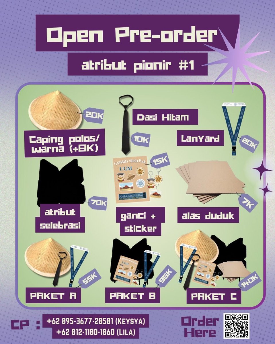 UGM_FESS's tweet photo. ❕OPEN PRE-ORDER — Atribut Pionir UGM 2026❕

the wait is OVER, Gamada! 🟡🔵
pionir makin deket & atribut belum ada? don't panic — we got you covered 🫡✨

🛍️ *PAKET BUNDLING*

*Paket A — Rp55.000*
Caping Warna + Lanyard + Dasi

*Paket B — Rp96.000*
Atribut Selebrasi + Lanyard + Sticker + Ganci

*Paket C — Rp140.000* ⭐ most complete!
Caping Warna + Atribut Selebrasi + Lanyard + Dasi + Alas Duduk + Sticker + Ganci

bisa juga beli satuan, lho! 🛒

📲 langsung order di sini:
🔗 https://t.co/TmR5EeLQnu
atau kepoin dulu:
🔗 https://t.co/pXLAL6ZDc9

📞 ada yang mau ditanyain? hubungi CP kita:
Keysya — +62 895-3677-28581
Alila — +62 812-1180-1860

your Gamada era starts here 🎒✨
limited stock — jangan sampai kehabisan! ⏳