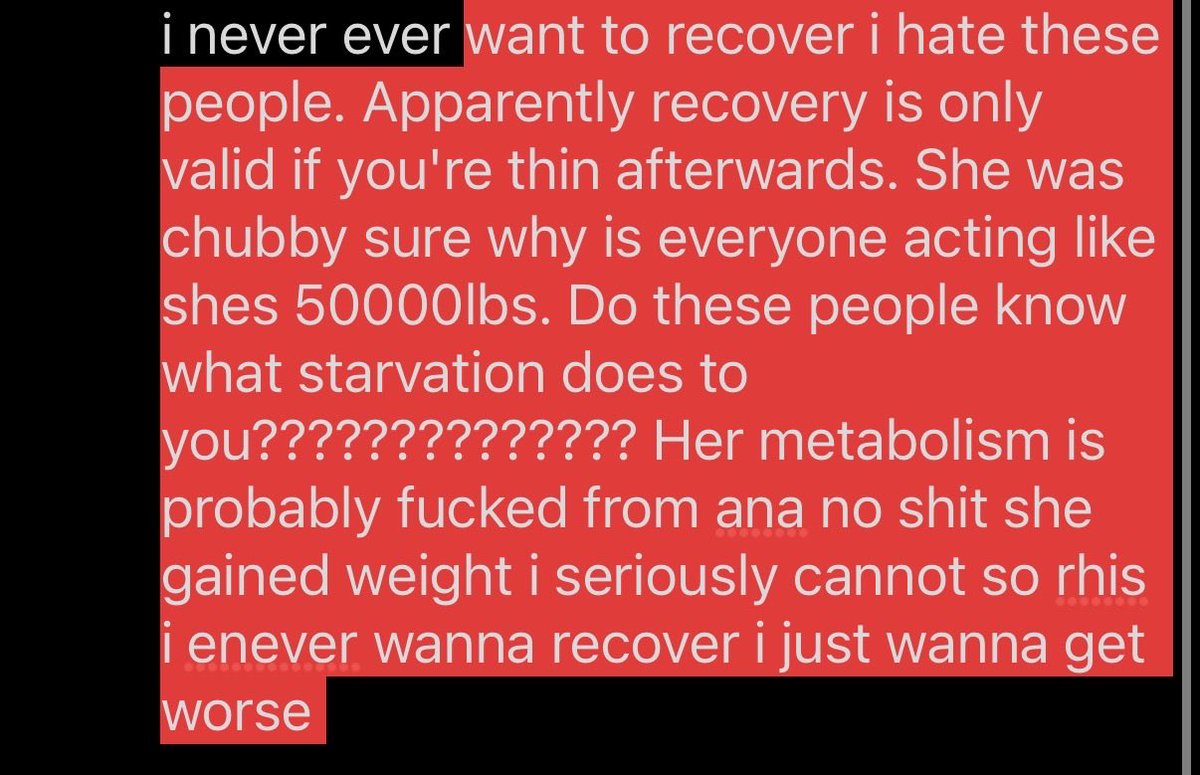 faux11ennium's tweet photo. Saw a video of a slightly chubby woman talking about how her body was failing from anorexia and how her family encouraged her eating disorder cuz she was thin which made recovery harder; open the comments and EVERYONE is like "well ur fat so ur prob more unhealthy" https://t.co/TVDnBNVdI5