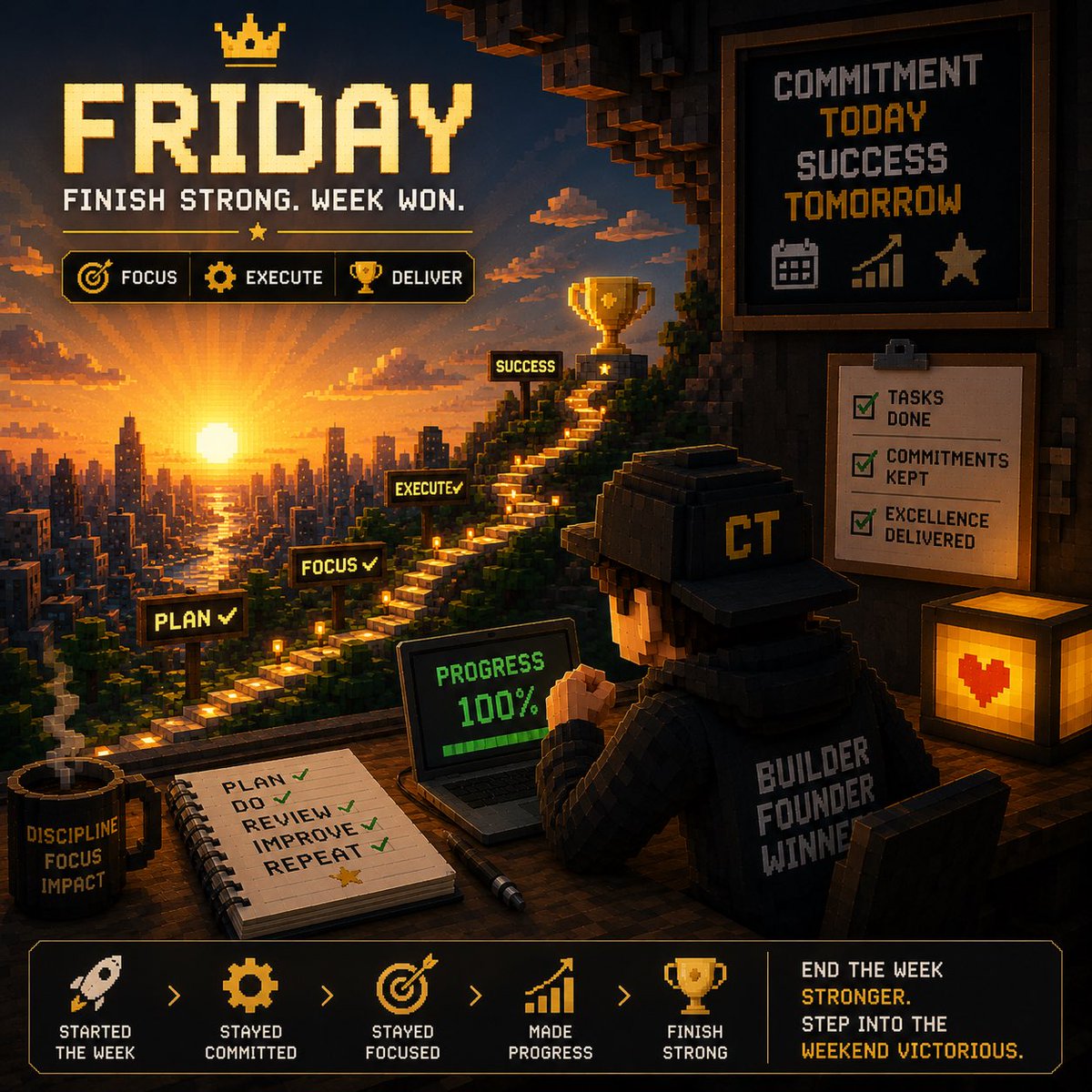 Cryptocore001's tweet photo. Good Morning CT | Happy Friday! 

Finish the week with the same energy you started it.

Many opportunities are won not by those who begin strongly, but by those who remain committed until the very end.

Don’t allow weekend thoughts to slow your momentum.

Complete your tasks.
Honor your commitments.
Deliver excellence.

Remember, every assignment completed with diligence adds another layer to your credibility, and credibility is one of the greatest assets you can build.

End the week stronger than you started it.

Wishing you a productive Friday filled with progress, impact, and new opportunities.

Keep building. Keep delivering.
