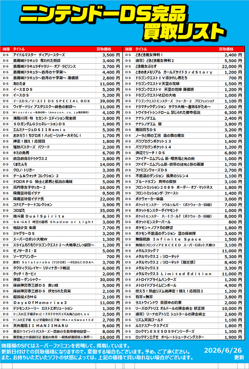 MiyaharaGame's tweet photo. レトロゲーム買取表更新しました https://t.co/9KHydZGoCj