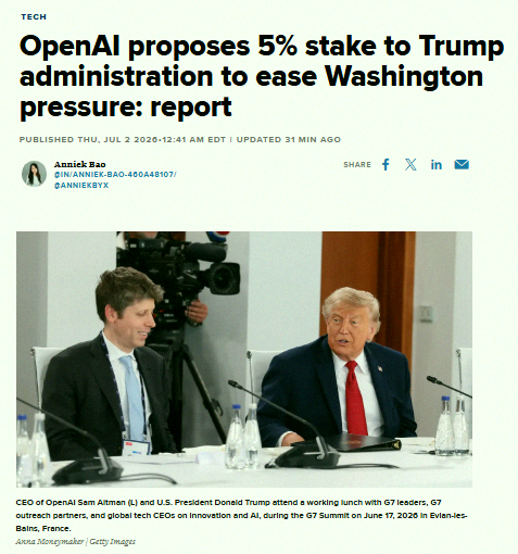 boma6k's tweet photo. JUST IN 🚨: OpenAI may give 5% stake to Trump Administration 👀 Based on its recent valuation of $852 Billion, this would be worth just over $42 Billion 🤑 https://t.co/4M7cr42C6L