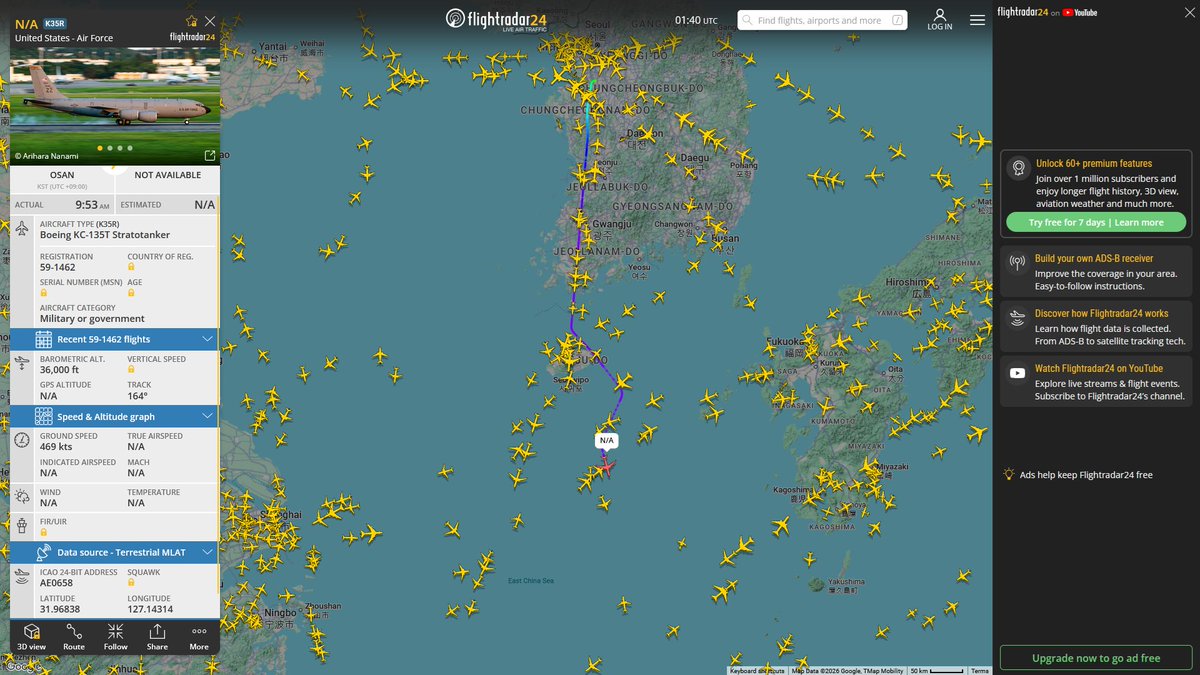 AIYeyENGDdJkjTr's tweet photo. July 3, 2026
#Osan Air Base, South Korea ==> #Okinawa Kadena Air Base
#NoCALLSIGN #AE0658 USAF KC-135T Stratotanker https://t.co/Ga5DJ1U6kx