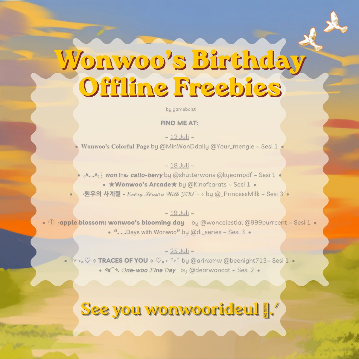 gameboist's tweet photo. hii semuanya 𖹭.ᐟ
aku ada freebies untuk bday wonwoo >.<

𓋜 limited qty
𓋜 open for trade (offline)
𓋜 say hi ya! 𖹭

ᯓᡣ𐭩 @MinWonDdaily @Your_mengie @shutterwons @kyeompdf @Kinofcarats @_PrincessMilk @woncelestial @999purrcent @di_series @arinxmw @beenight713 @dearwoncat https://t.co/6takAet3ww