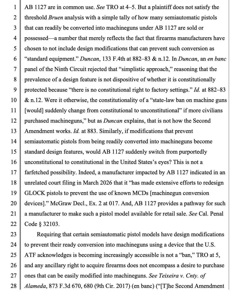 gunpolicy's tweet photo. California responds to the DOJ's lawsuit against the state's Glock ban by arguing that the most popular handgun brand in the country is not an "arm" under the Second Amendment, and even if it was, they can be banned because they're "dangerous and unusual": https://t.co/3tjV9ZN82N https://t.co/kC1r9rszqi
