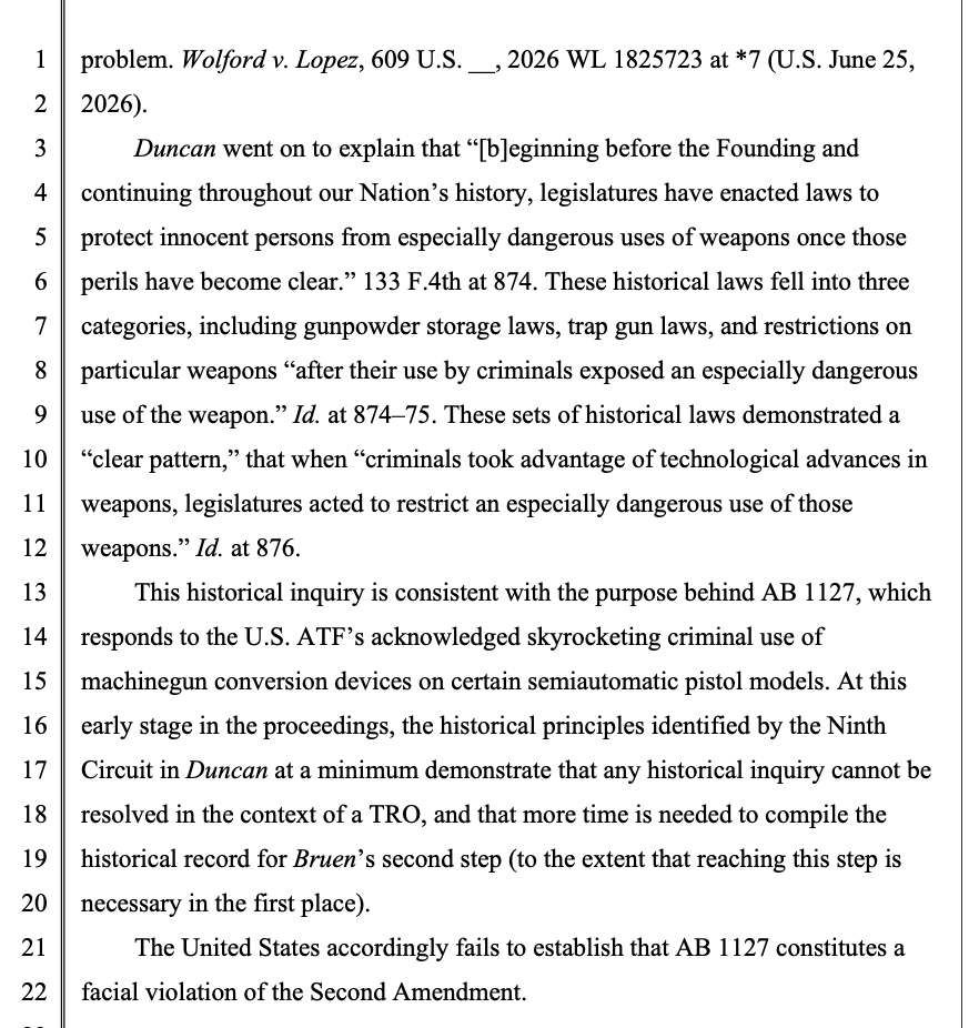 gunpolicy's tweet photo. California responds to the DOJ's lawsuit against the state's Glock ban by arguing that the most popular handgun brand in the country is not an "arm" under the Second Amendment, and even if it was, they can be banned because they're "dangerous and unusual": https://t.co/3tjV9ZN82N https://t.co/kC1r9rszqi