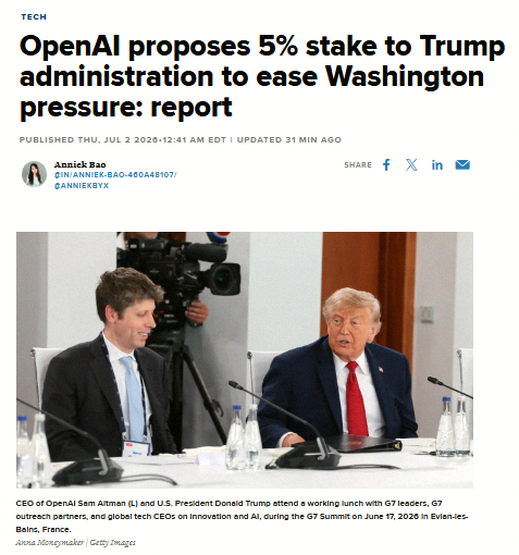 ma_k1122's tweet photo. JUST IN 🚨: OpenAI may give 5% stake to Trump Administration 👀 Based on its recent valuation of $852 Billion, this would be worth just over $42 Billion 🤑 https://t.co/cqF7onJHzl
