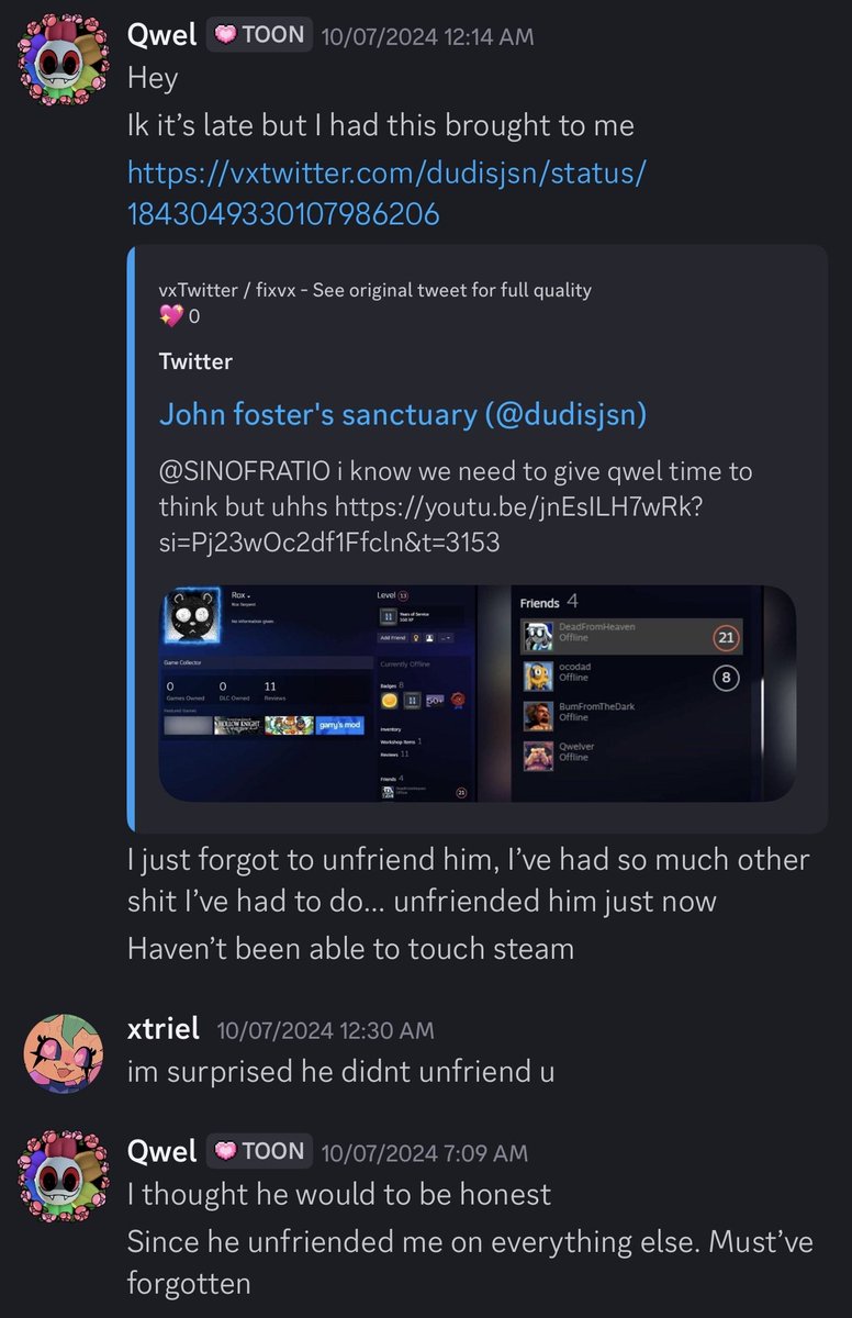 v01dgazer1's tweet photo. It's really strange how Qwel was acting like she was cutting Rox out of her life everywhere via mass unfriending, while at the same time texting him things like this. These messages are 30 minutes apart. https://t.co/smUm51IfAO
