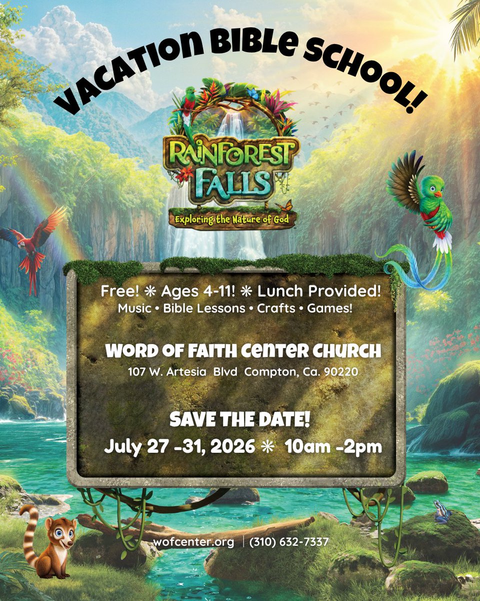 wofcenter's tweet photo. ✨SAVE THE DATE✨

🌺Join us for Rainforest Falls VBS! 🌺

We’ll have music, Bible lessons, crafts, games, and FREE lunch!! 

Everyday starting July 27th - 31st from 10am-2pm!

Join us as we explore God’s creation together! 

DM with any questions!! ✨ https://t.co/8Bg1hNDrqt