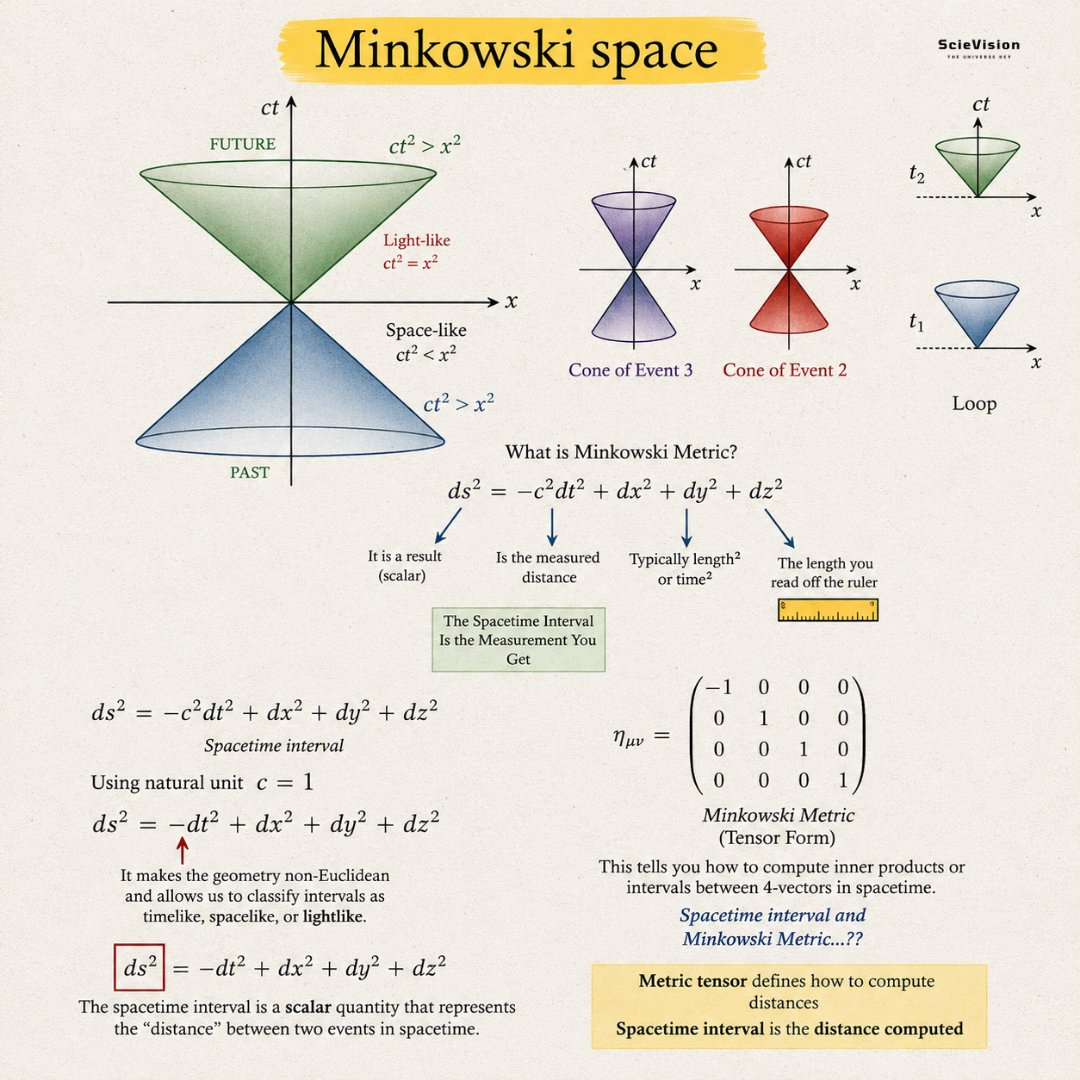 scievision369's tweet photo. Minkowski Space  ✍️

Minkowski space is the mathematical framework that shows how space and time are not separate but rather a single four-dimensional structure known as spacetime. To grasp this idea, we must let go of the intuitive but incorrect belief that time flows the same way for everyone, no matter how they are moving. For much of human history, space was viewed as a three-dimensional area where events occur left and right, forward and backward, up and down and time was seen as an independent clock ticking at the same rate for all observers. Albert Einstein changed this view in 1905 by revealing that moving faster through space means moving slower through time. He demonstrated that two events that seem simultaneous to one observer can happen at different times to another observer moving relative to the first one. He also showed that the speed of light is constant for everyone, no matter their motion. Two years later, the mathematician Hermann Minkowski, who had been one of Einstein's professors, understood that all of Einstein's unusual results could be framed as statements about the geometry of a single four-dimensional structure that combines space and time. The geometric framework he created is what we now call Minkowski space.

The key visual aspect of Minkowski space is the light cone, depicted in the diagram as two cones one pointing up into the future and the other pointing down into the past. To understand this, imagine you are standing in one place at one moment and you emit a flash of light in all directions. This light travels outward at the speed of light, which is the fastest speed in the universe. If you picture time going upward and space going sideways, this expanding sphere of light outlines a cone shape that opens upward as time moves forward. This is the future light cone, and everything within it represents events you could reach, influence, or send a signal to by traveling at or below the speed of light. The downward cone symbolizes the past all events that could have sent a signal or exerted influence on you at this moment. Together, these two cones separate spacetime into three distinct regions. Events within the upper cone are in your causal future you can affect them. Events within the lower cone are part of your causal past they could have affected you. Events outside both cones are termed spacelike separated from you. This means they are so distant in space that light could not travel between you and them in the available time, making them completely isolated in terms of causality. No signal, no influence, and no cause-and-effect relationship exists between you and them. There isn’t even a definitive answer about whether they occurred before or after your current moment, as different observers moving at different speeds will provide varying answers to that question, and all will be equally valid.

The key mathematical feature that enables Minkowski space to function and generates these peculiar properties is that time enters the geometry with the opposite sign from space. In conventional geometry, when finding the distance between two points, we square the distances in each spatial direction and add them together this always produces a positive result. In Minkowski space, when measuring the separation between two events in spacetime, we do something different: we subtract the time contribution instead of adding it, while still summing the three spatial contributions.