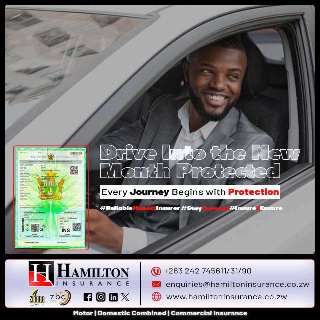 HInsuranceZW's tweet photo. Every Journey Begins with Protection.

This month...

✔ Comprehensive Cover

✔ Third Party Cover

✔ Fast Claims Support

✔ Trusted Local Service

Drive confidently with Hamilton Insurance. 
#ReliableHonestInsurer #AutoInsurance #HamiltonInsurance #Insure2Ensure https://t.co/GoLZaX3Ur3